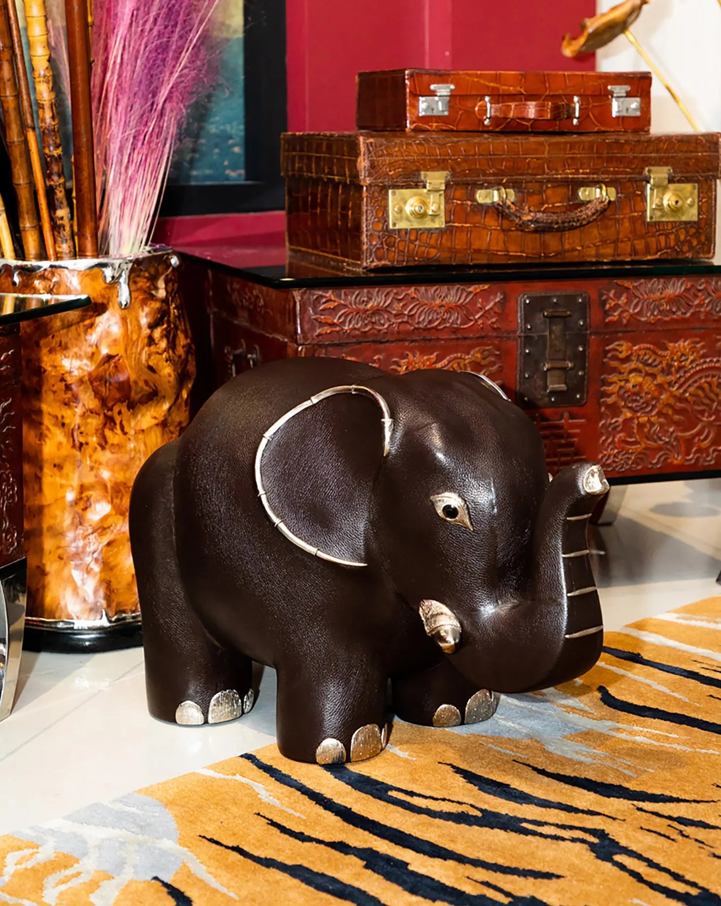 Brown Leather Elephant Stool Lotus Arts de Vivre
