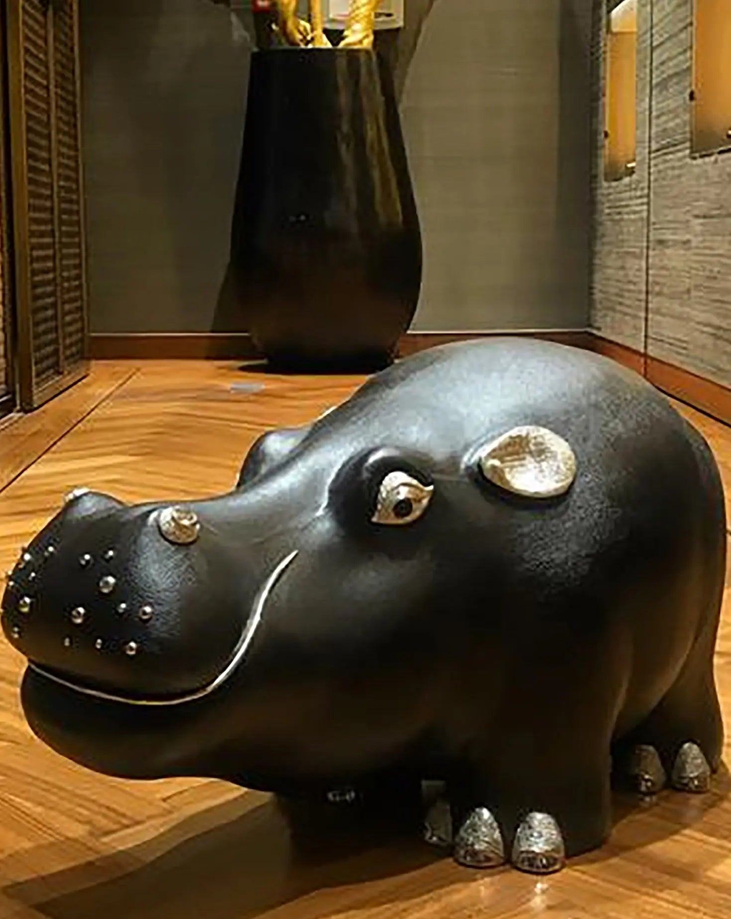 Brown Leather Hippo Stool Lotus Arts de Vivre