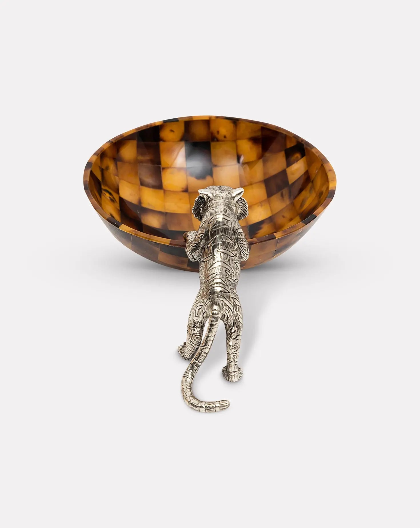 Brown Shell Pouncing Silver Tiger Bowl Lotus Arts de Vivre