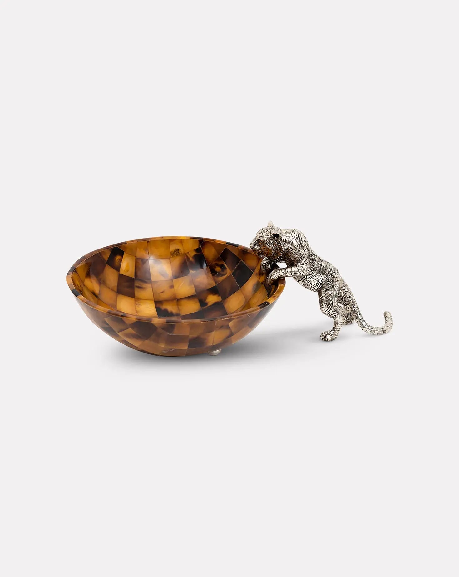 Brown Shell Pouncing Silver Tiger Bowl Lotus Arts de Vivre