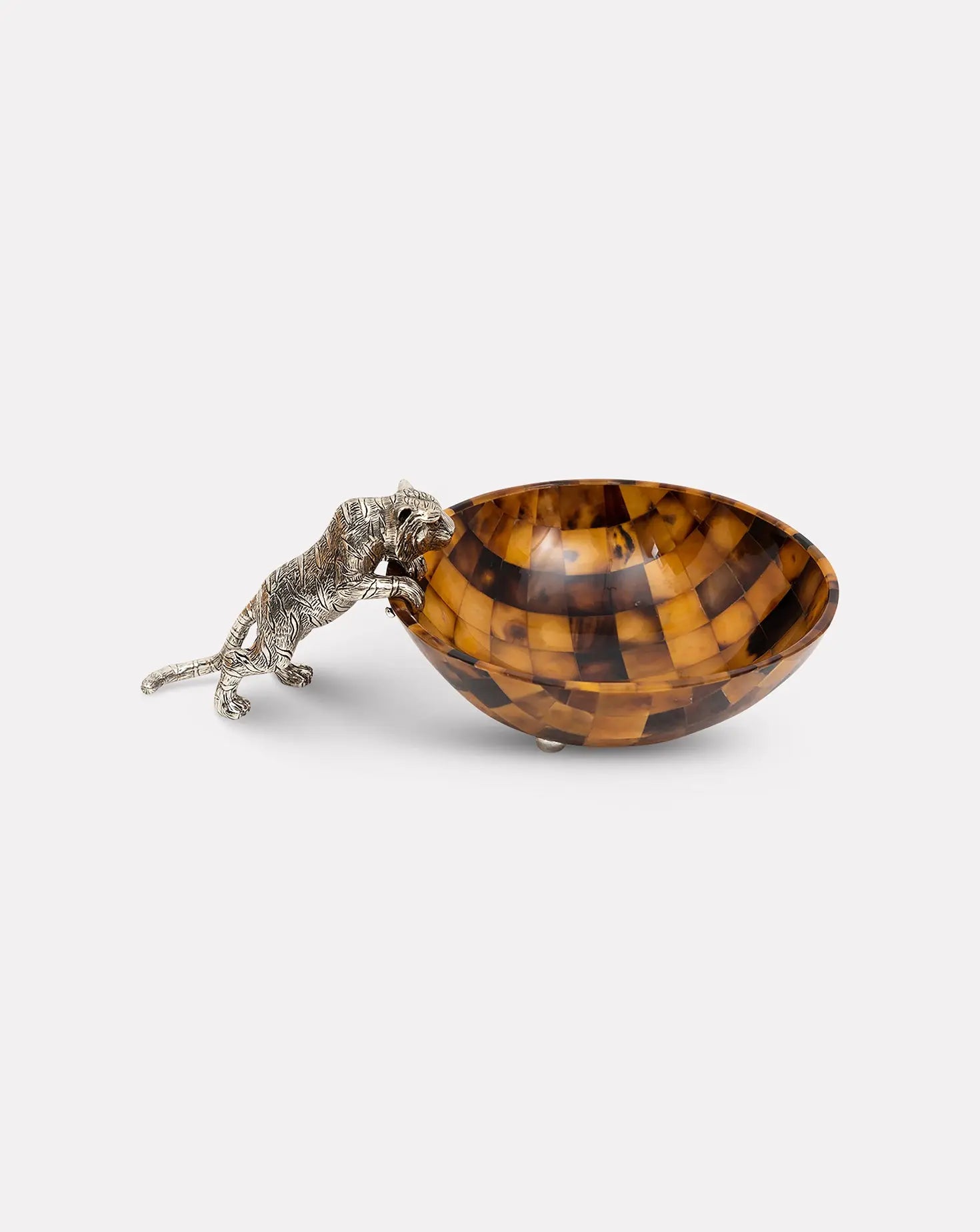 Brown Shell Pouncing Silver Tiger Bowl Lotus Arts de Vivre