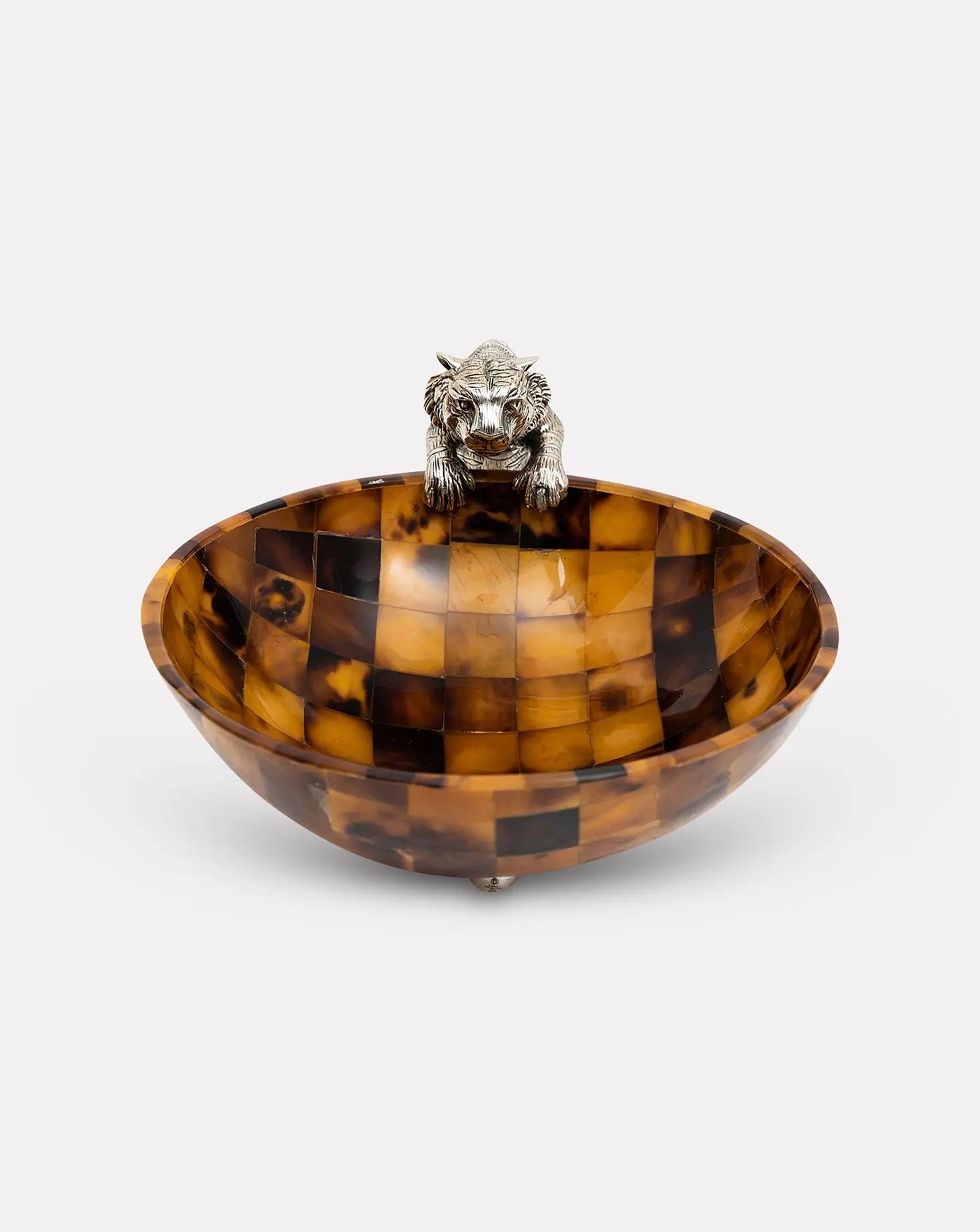 Brown Shell Pouncing Silver Tiger Bowl Lotus Arts de Vivre