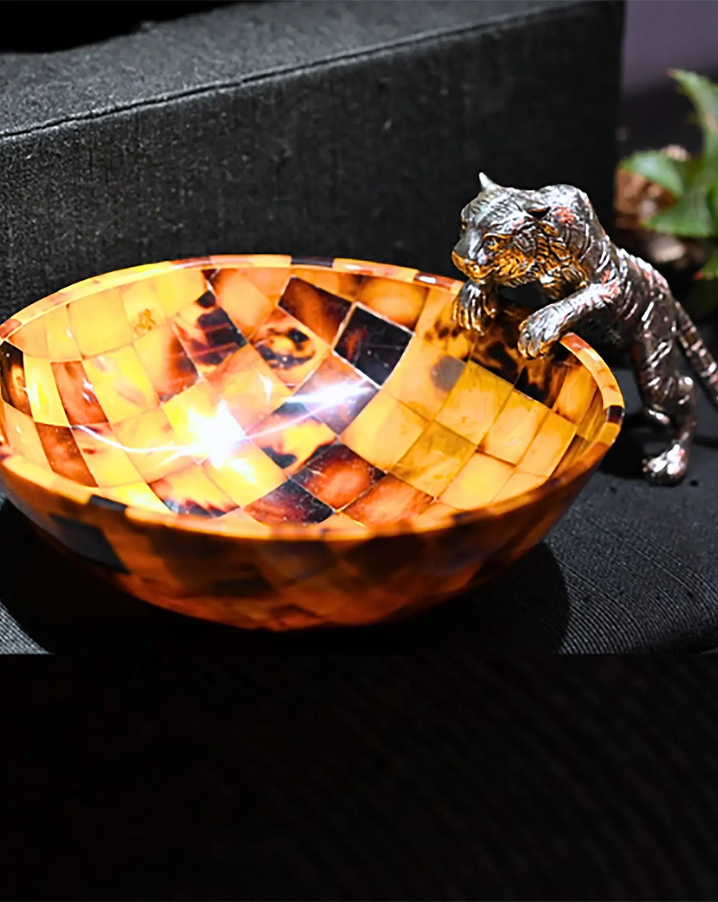 Brown Shell Pouncing Silver Tiger Bowl Lotus Arts de Vivre