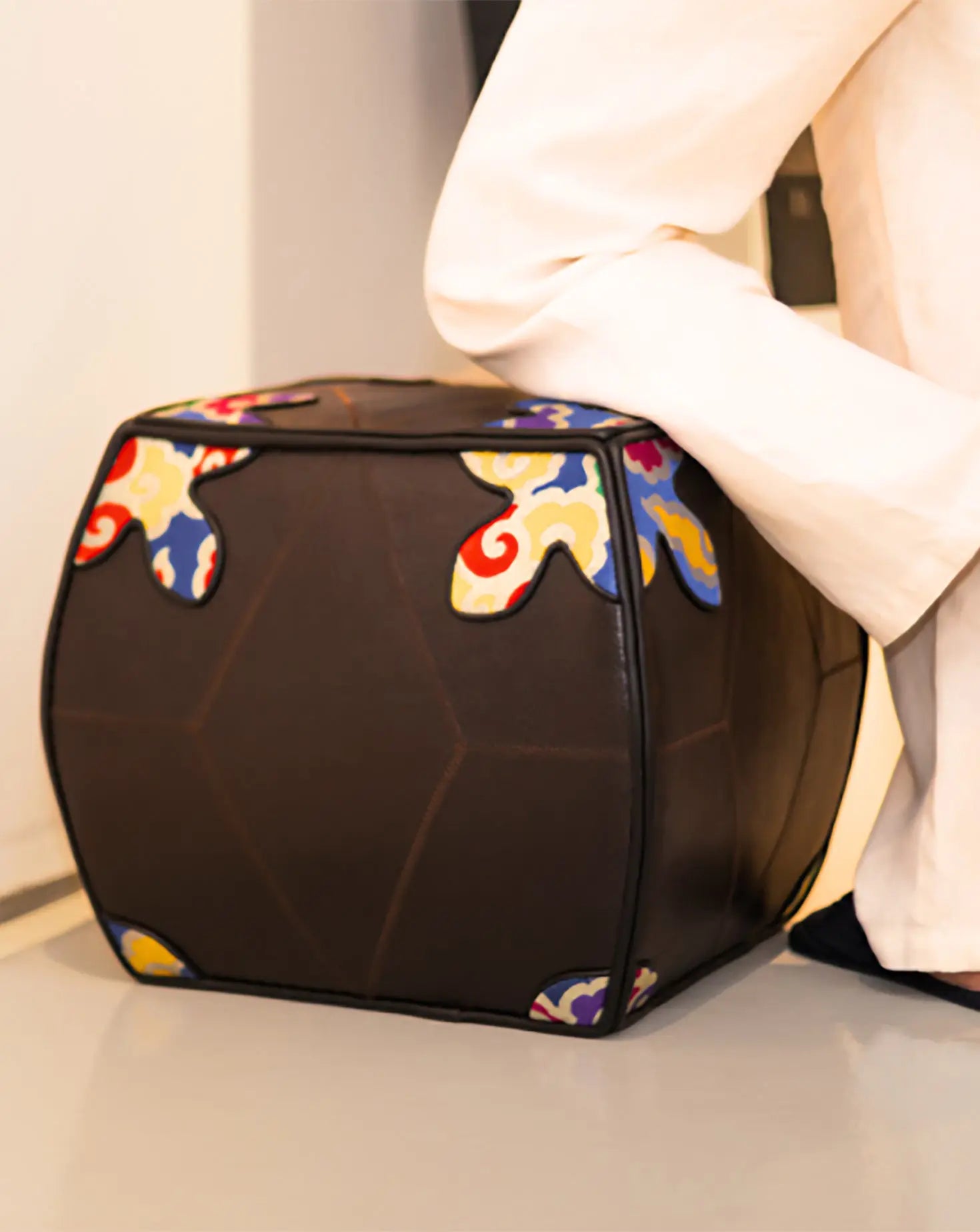 Multicolor Chinese Silk Brocade Pouffe Lotus Arts de Vivre