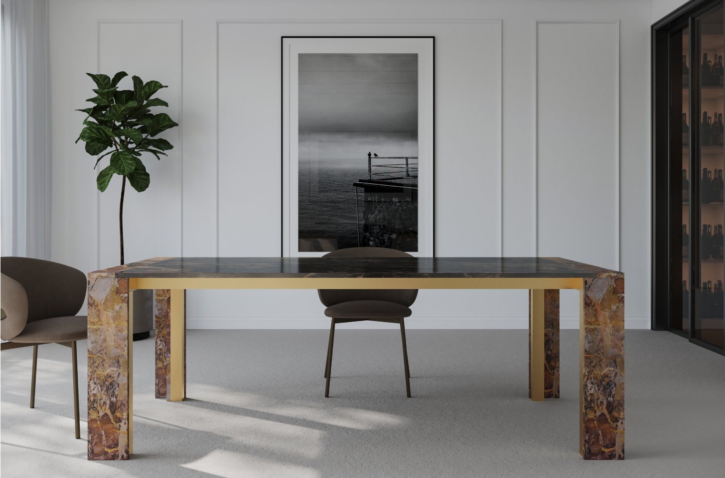 A refined interior featuring a luxurious marble and gold dining table, modern upholstered chairs, a black-and-white seascape artwork, and a lush green plant.