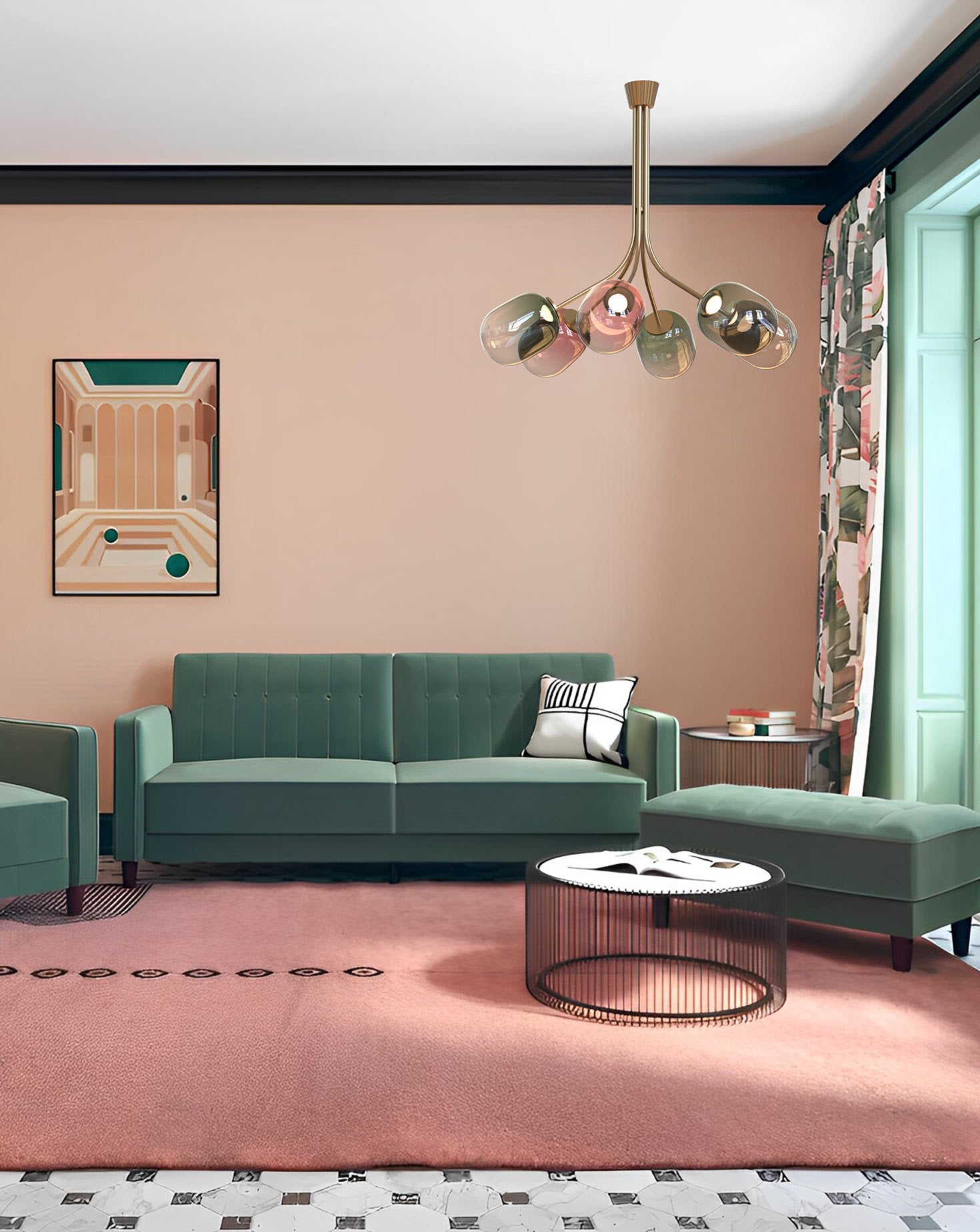 6 Module Bent Ombre Candy Glass and Brass Chandelier