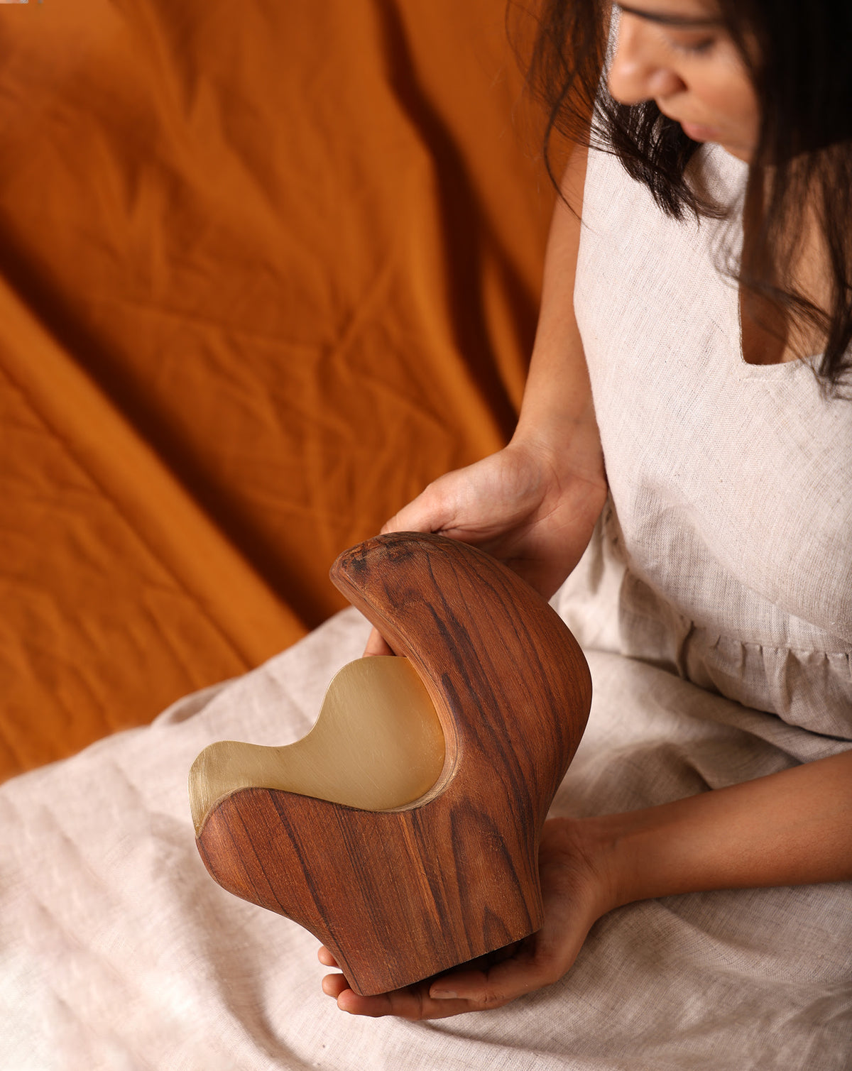 Customisable dimensions available on this hand-finished teak and brass sculpture