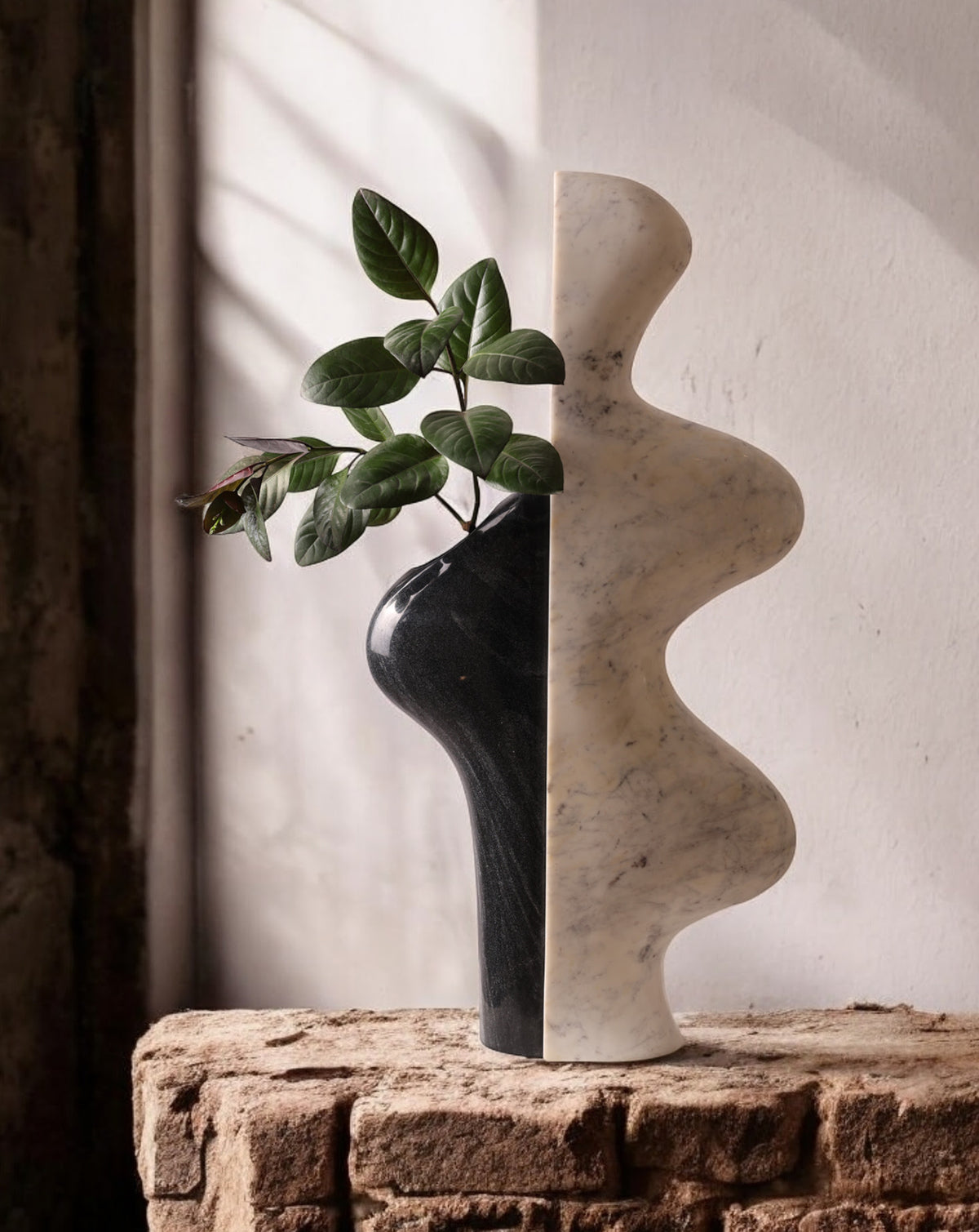 Solid marble sculpture hand-carved in India by Art Attaichi, contrasting dark and pale stone