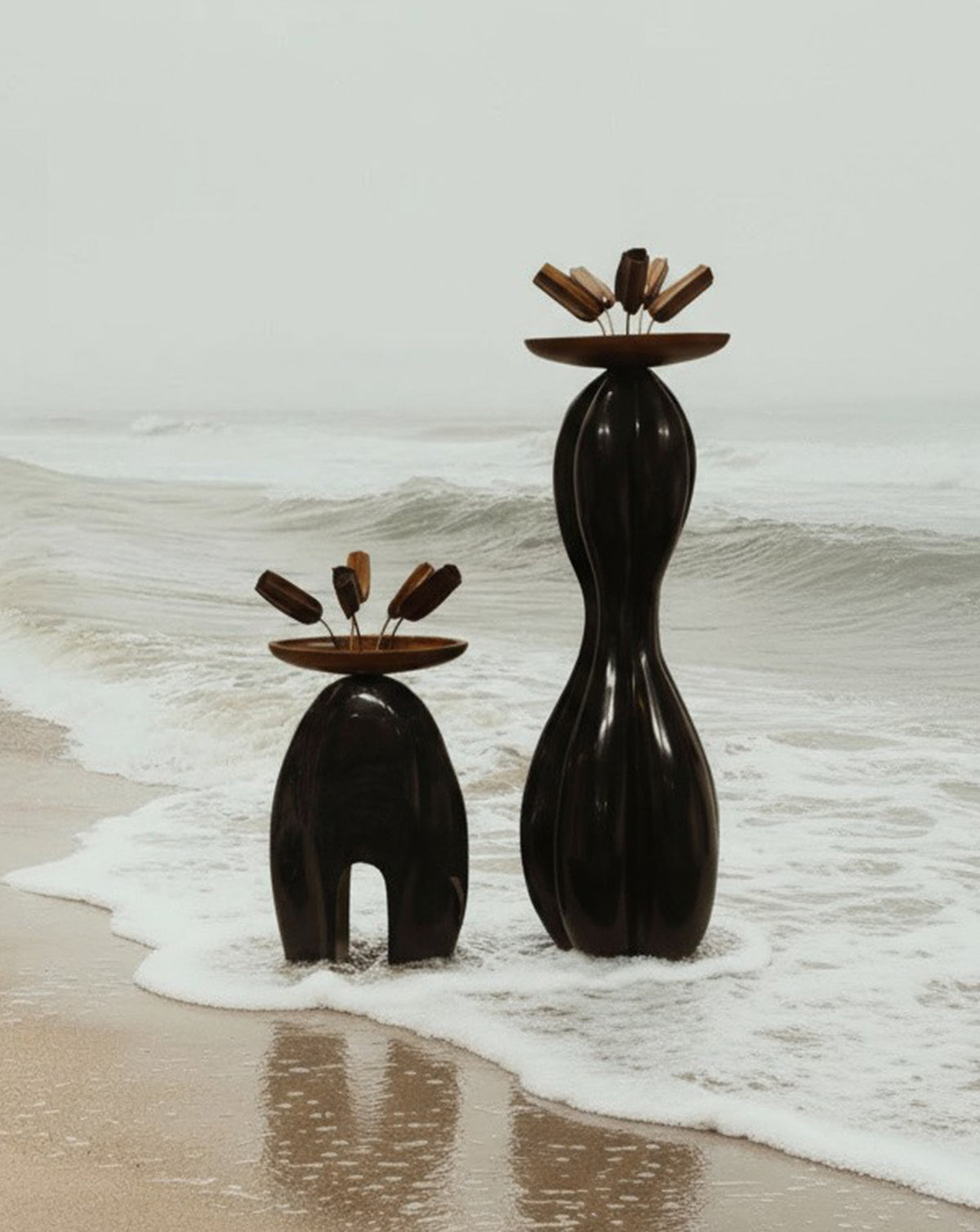 Hand-crafted teak wood pods ornamenting the upper form of the wooden floor lamp
