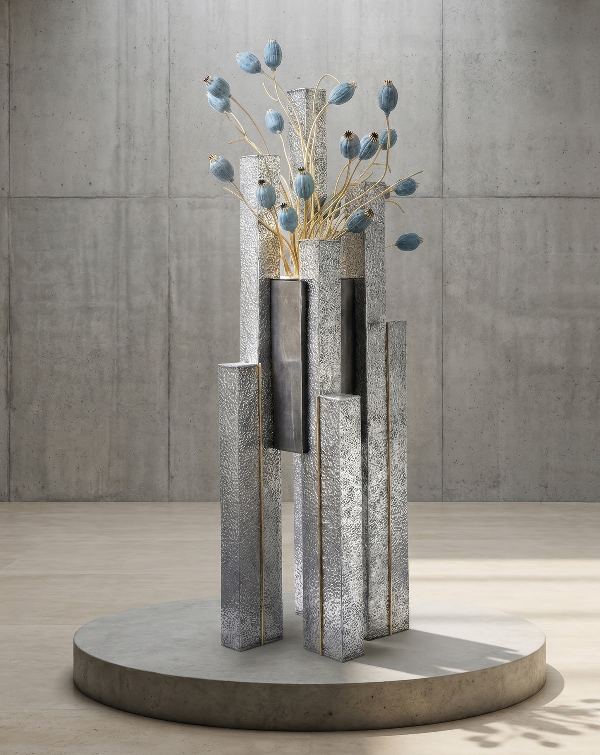 Hand-textured aluminium columns rising like a fragmented Brutalist skyline in black and silver