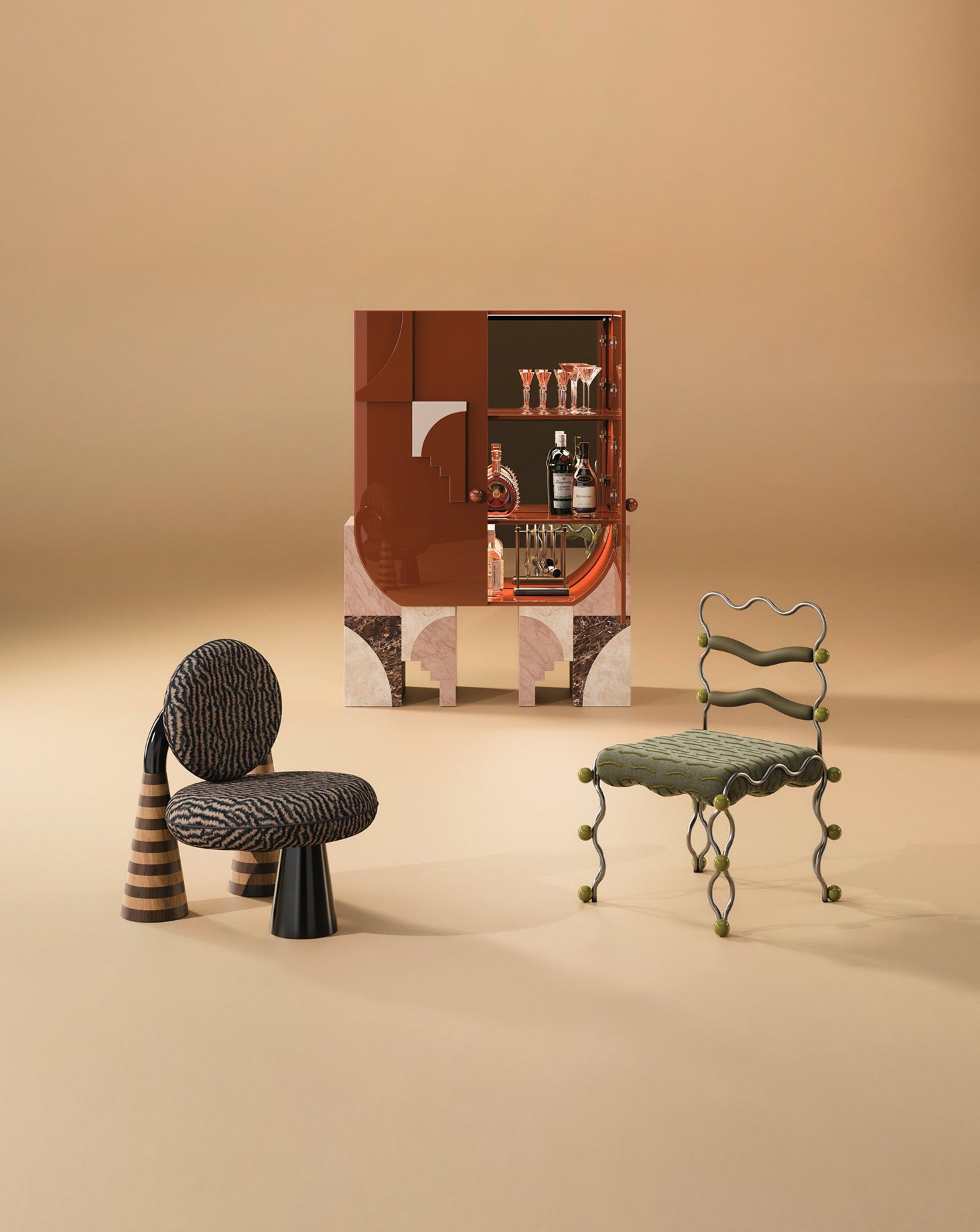 Arkos Bar Lacquered Wood Teracotta Cabinet