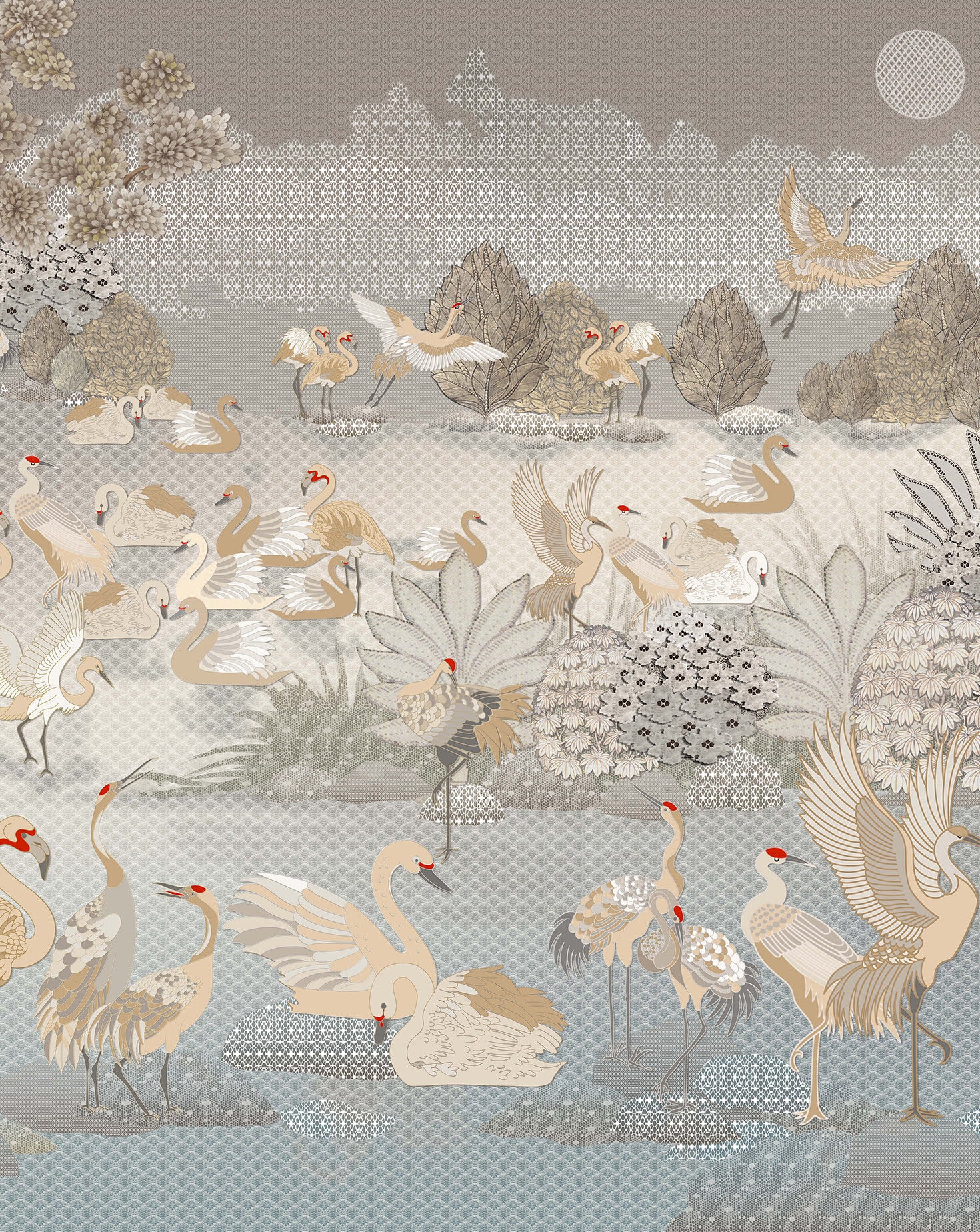 Flamingoes on a Lake Embroidered Tapestry