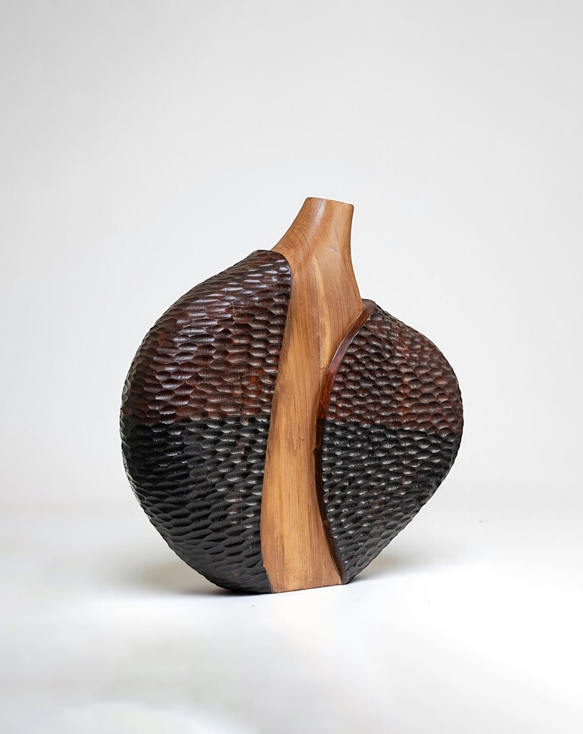Warm brown teak grain across a compact, minimal silhouette for a console or dining table