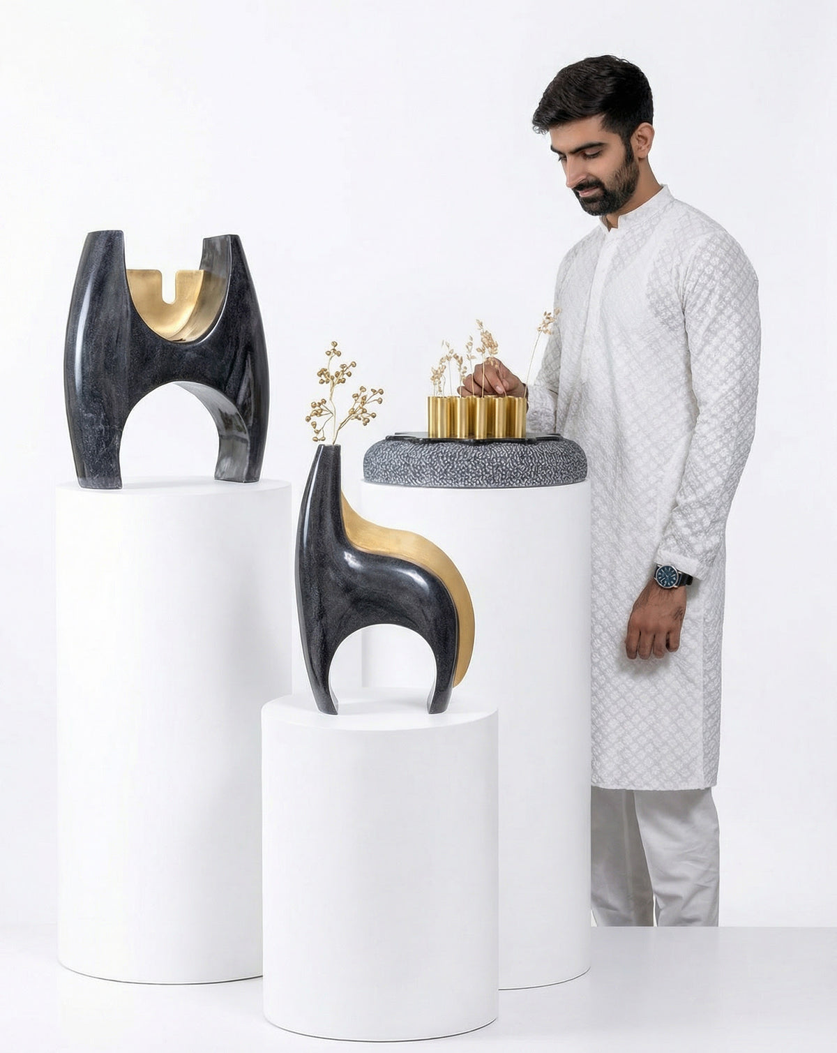 IRA 02 Marble and Brass Sculptural Vase