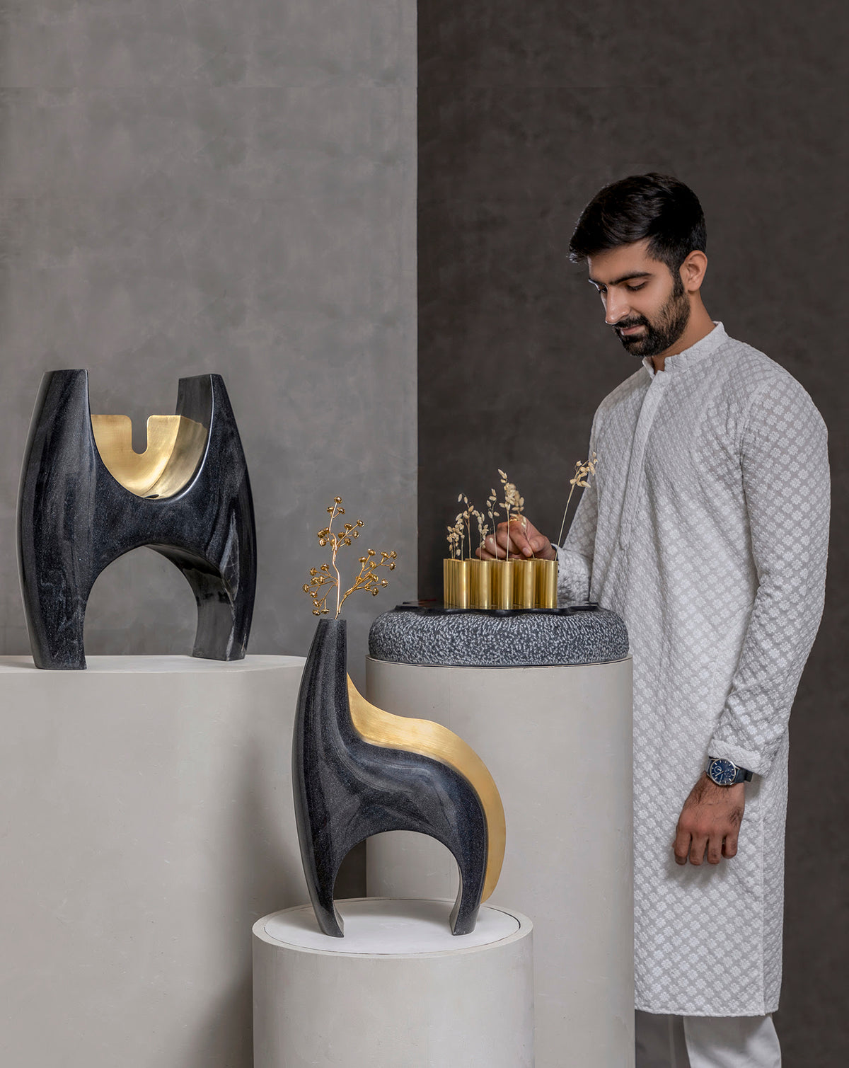 IRA 02 Marble and Brass Sculptural Vase