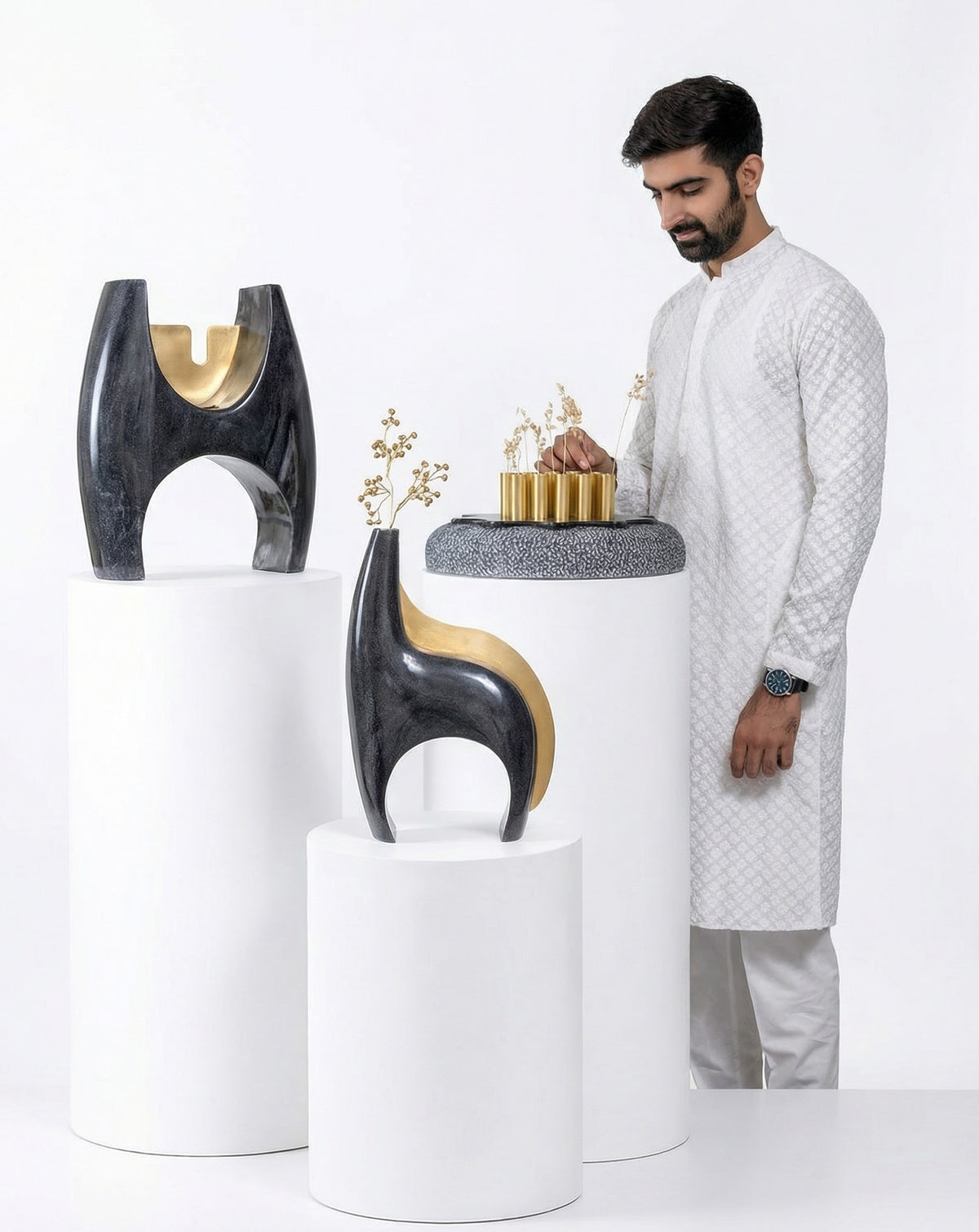IRA 03 Marble and Brass Sculptural Vase