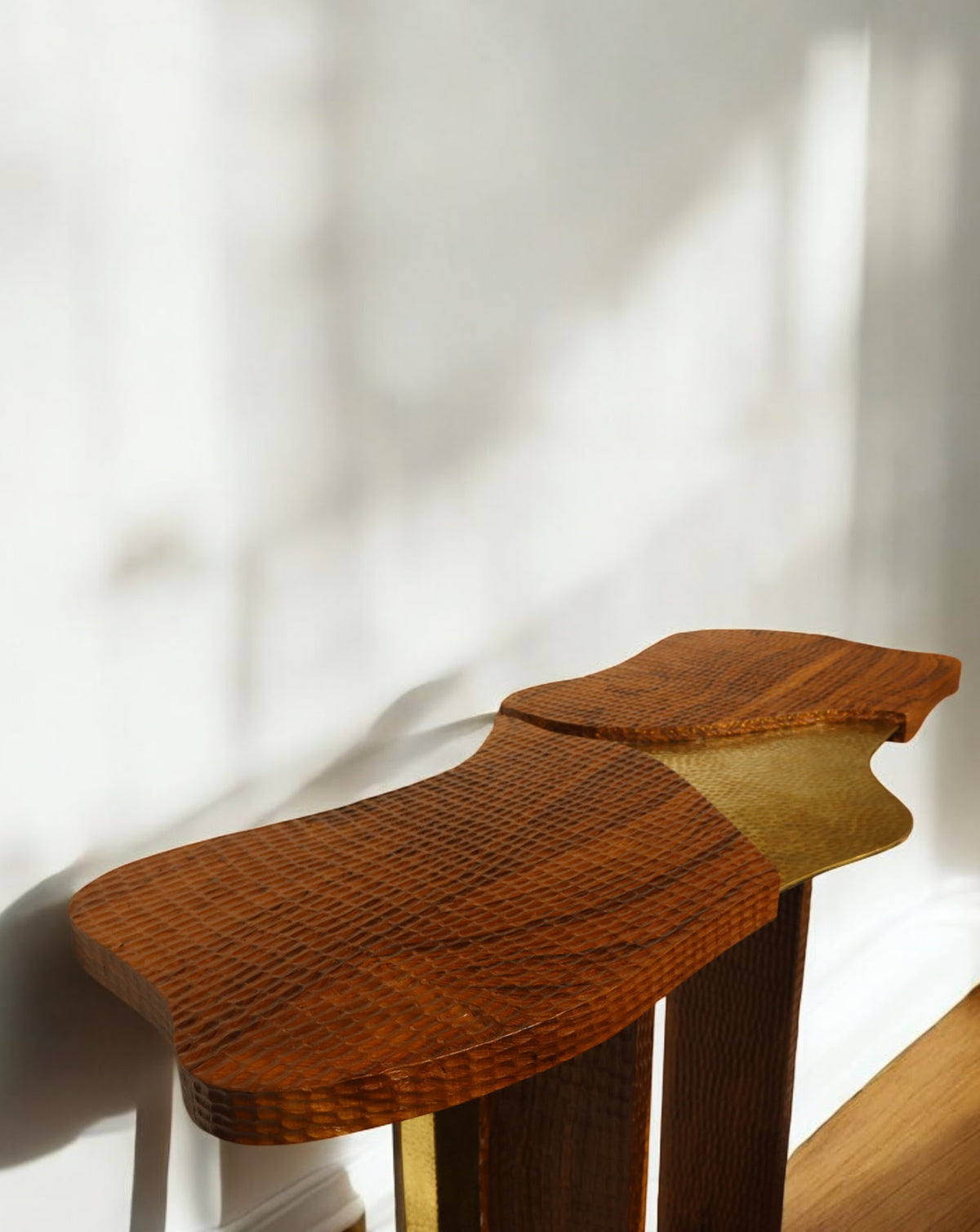 Handmade console in brown and golden tones, measuring 120 cm wide by 49 cm deep