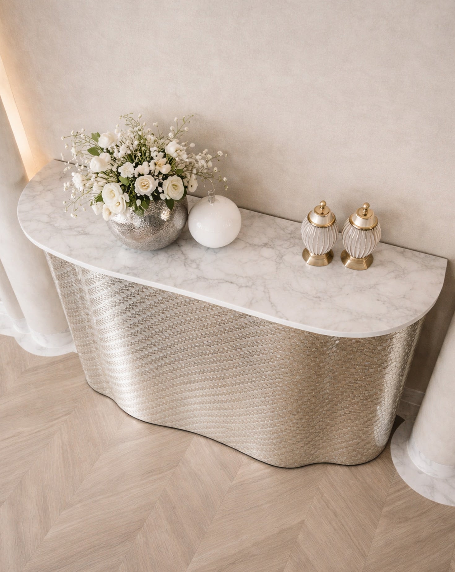 SS Woven Silver and Chrome Bar Cabinet
