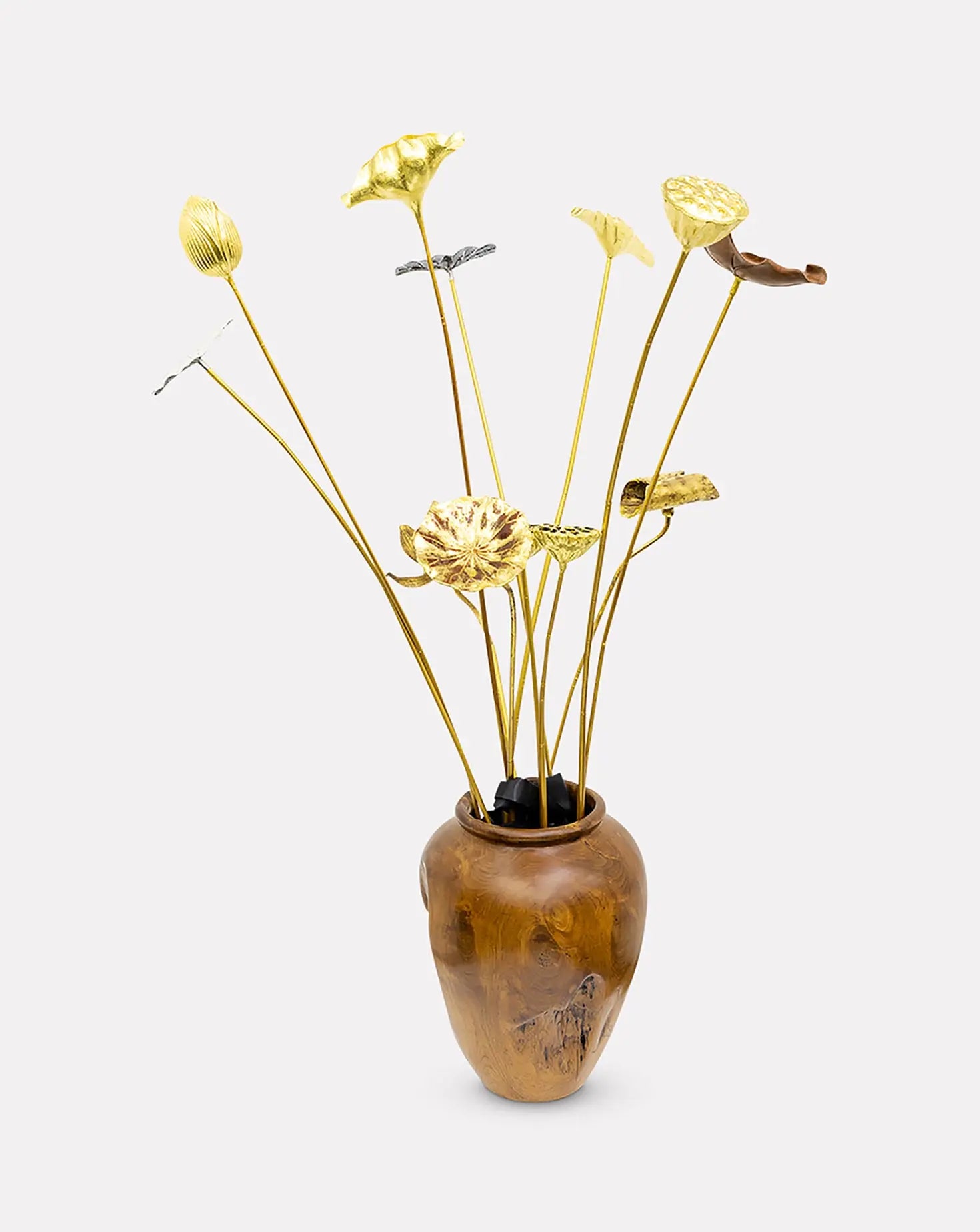 Teak Wood Lotus Leaves and Flowers Vase Lotus Arts de Vivre