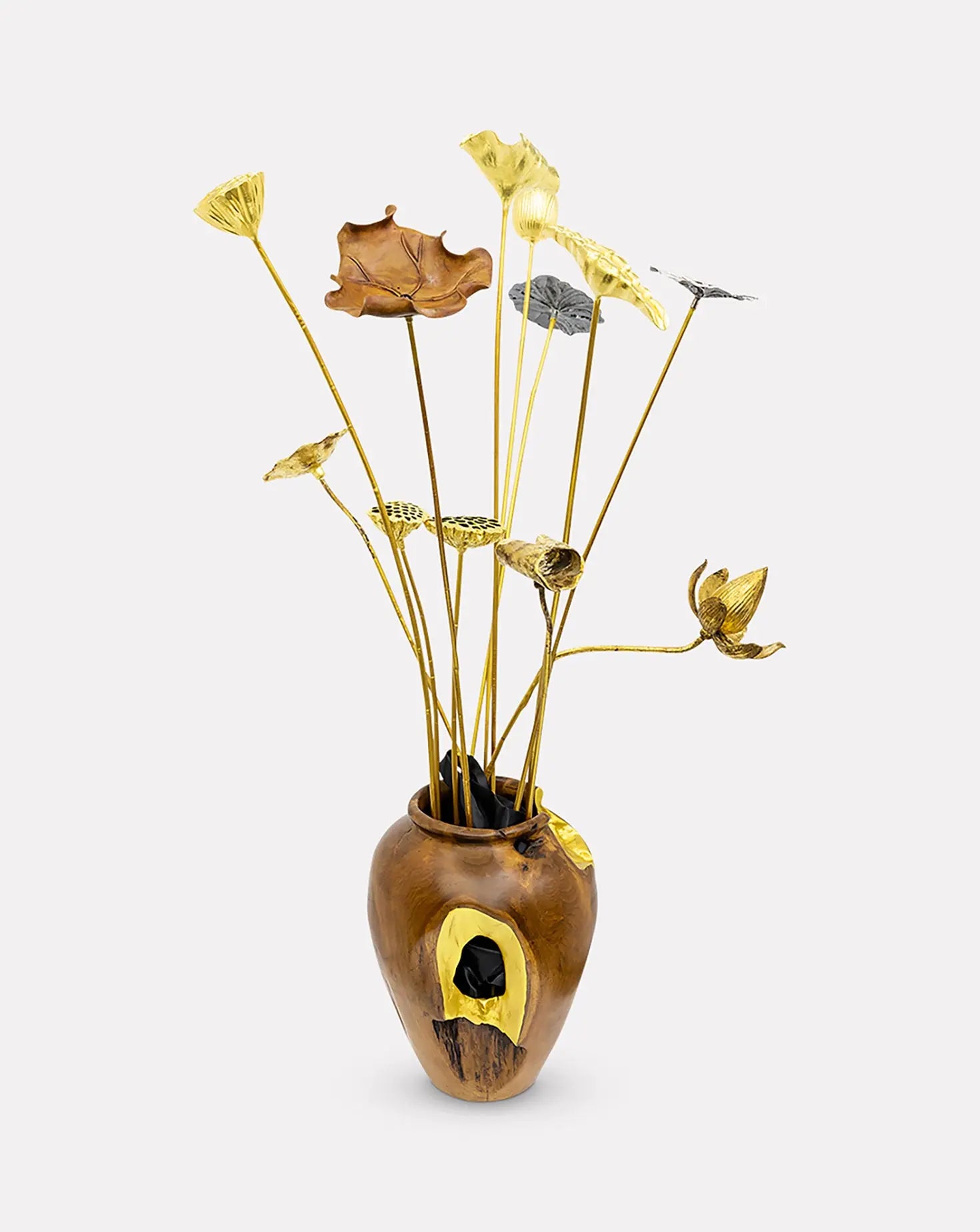 Teak Wood Lotus Leaves and Flowers Vase Lotus Arts de Vivre