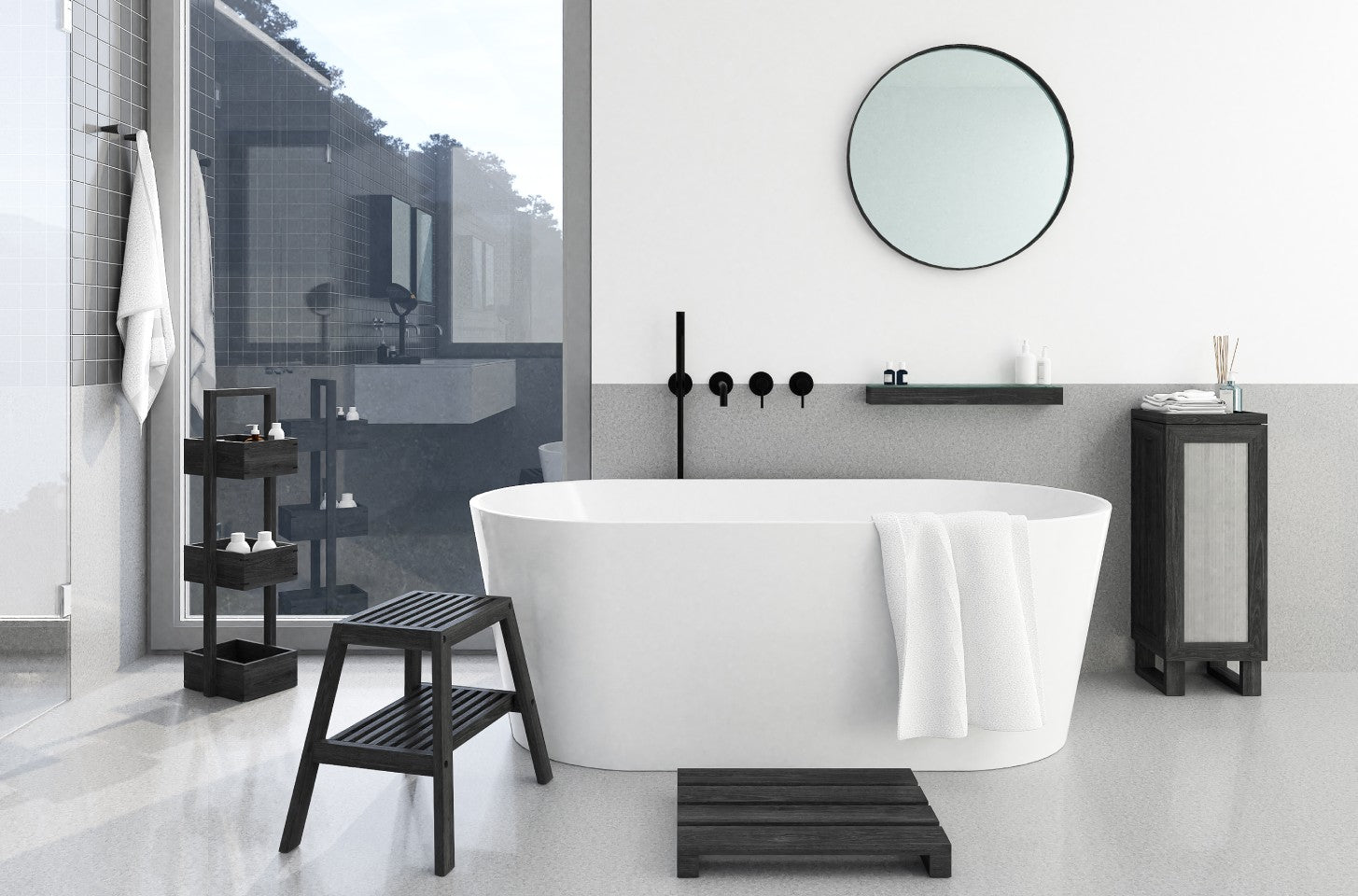 Modern bathroom with a white tub, black fixtures, and minimalist decor.