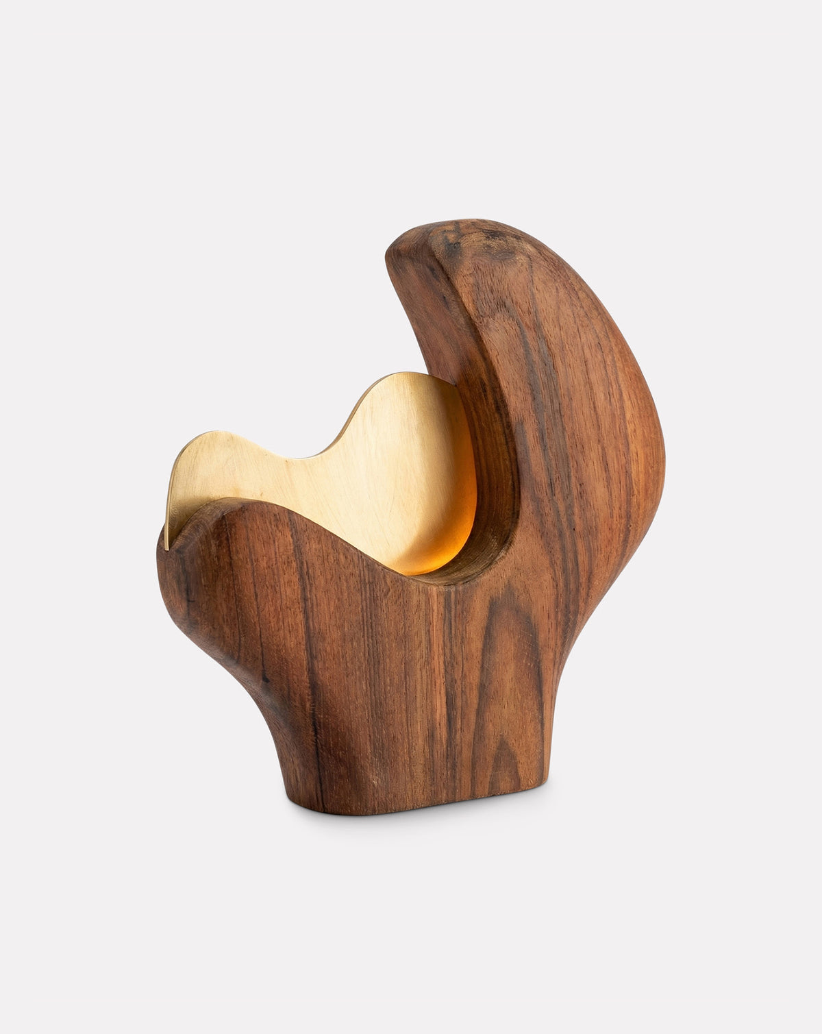 Hand-carved brass insert in golden tone set within the sculpted teak vessel