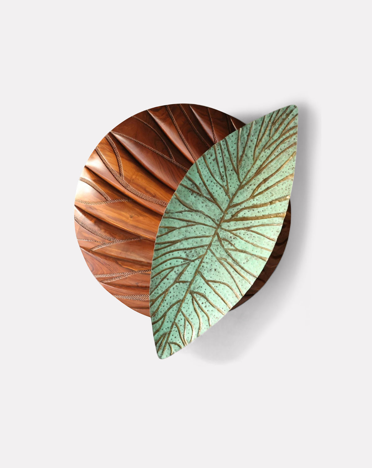 Valtara decorative sculpture in hand sculpted teak wood and patinated brass wall art