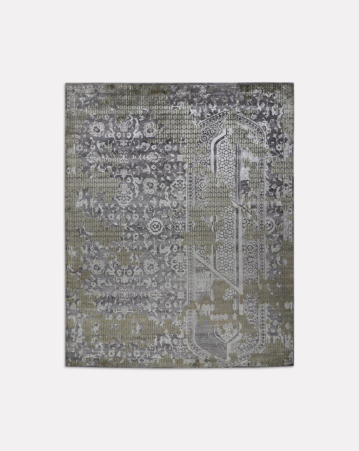 Lattice Moss Green Handknotted Wool and Silk Rug