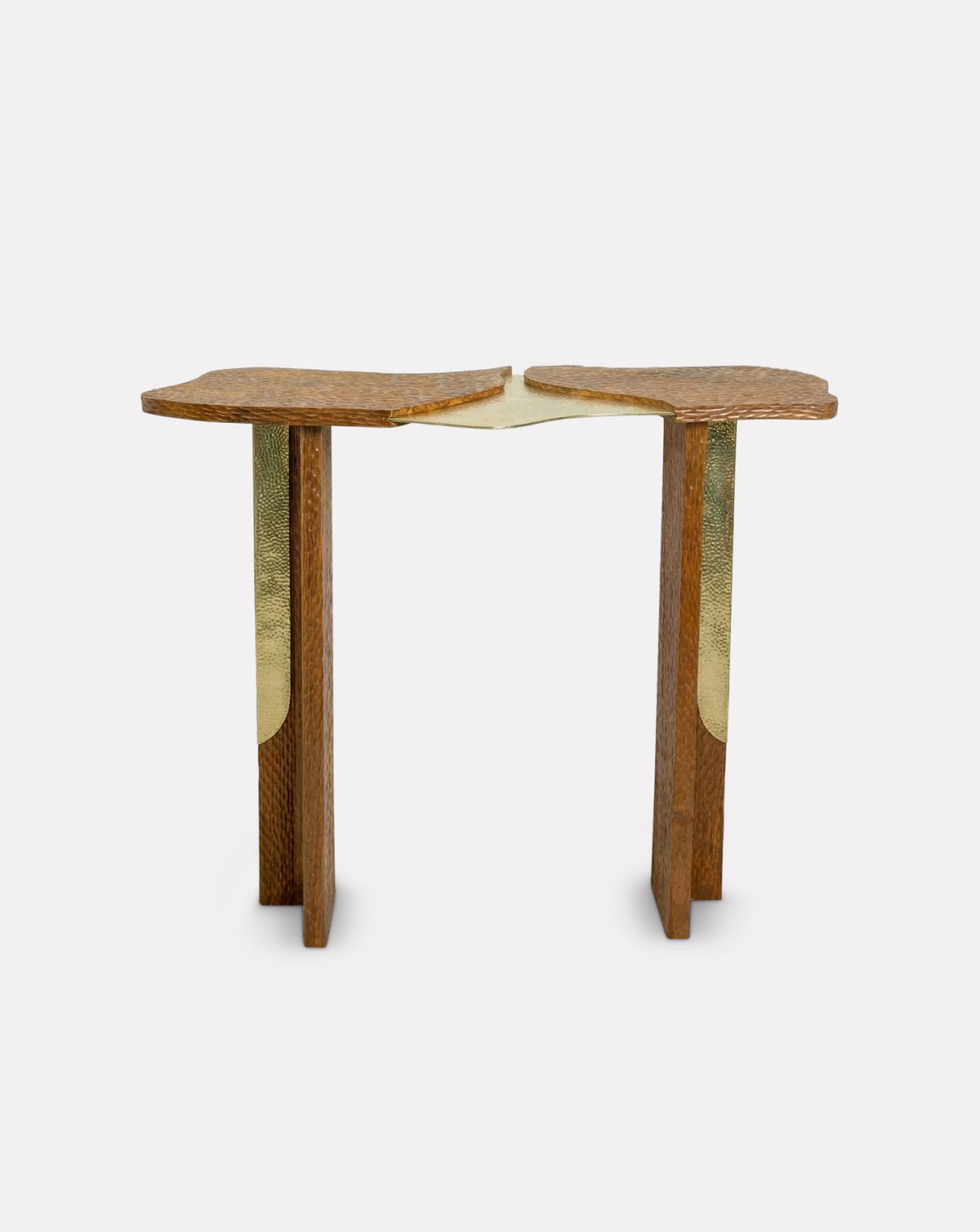 SROTAS console table in solid teak and brass, a sculptural foil to luxury kitchenware at home