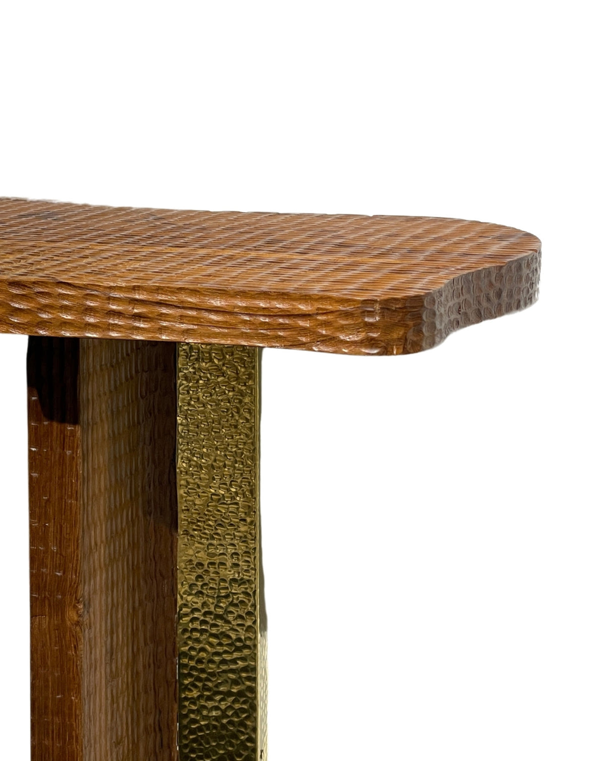 Flowing carved lines across the teak front, evoking the rhythm of a meandering stream