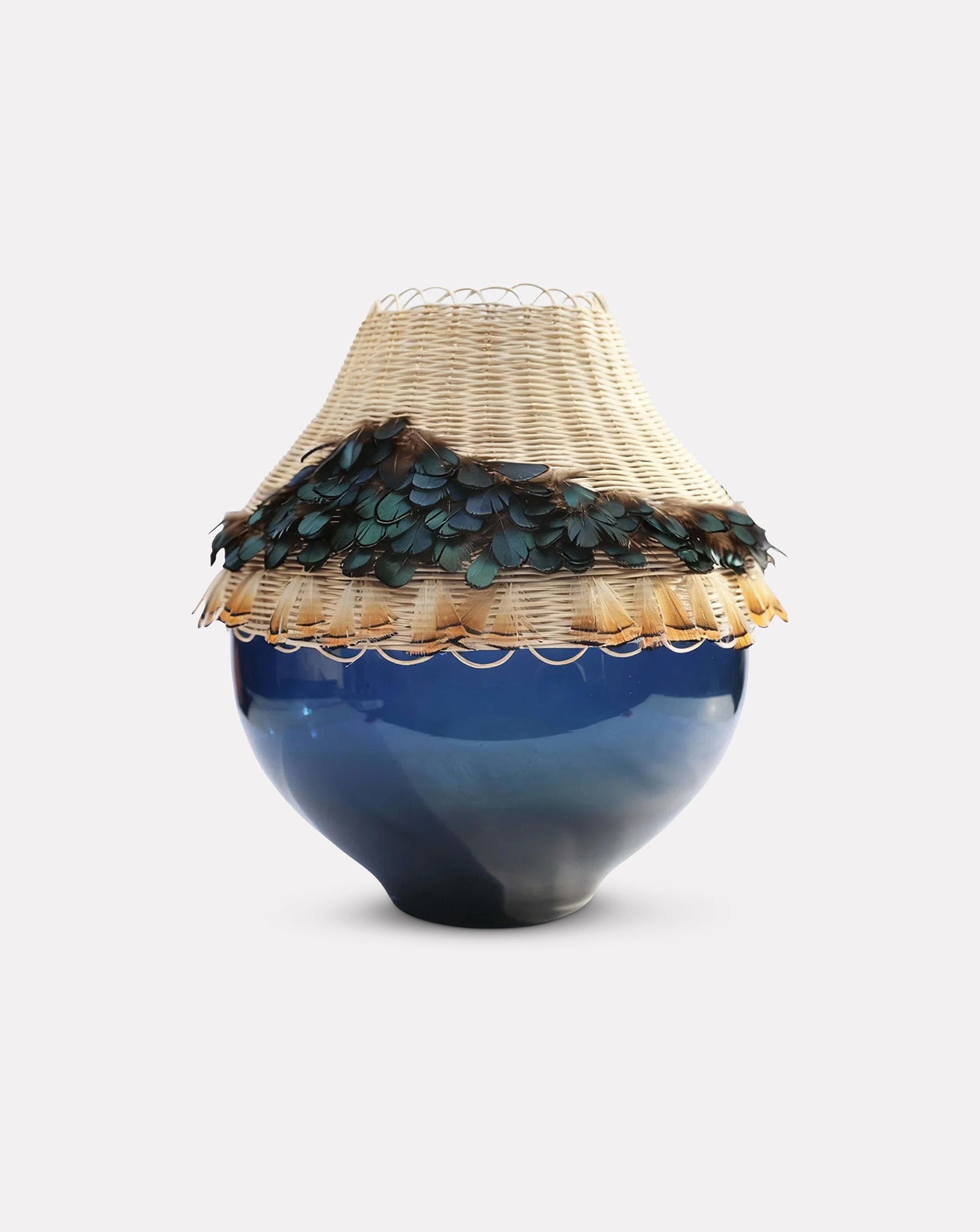 TRIBE Rattan and Feathers Big Blue Vase