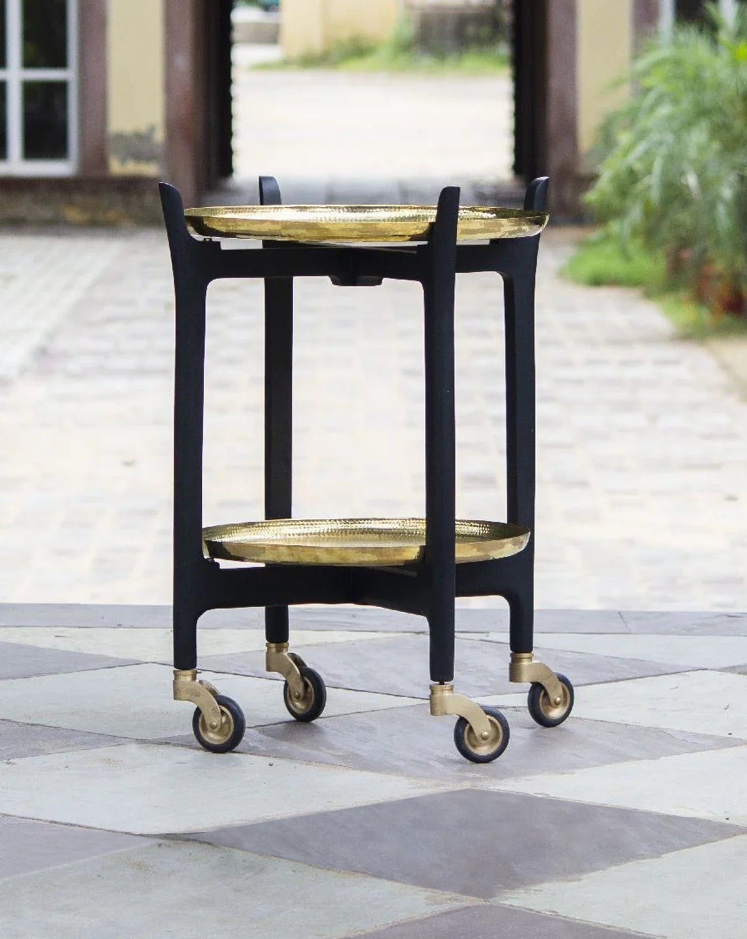 Thaali Brass and Wood Trolley Side Table