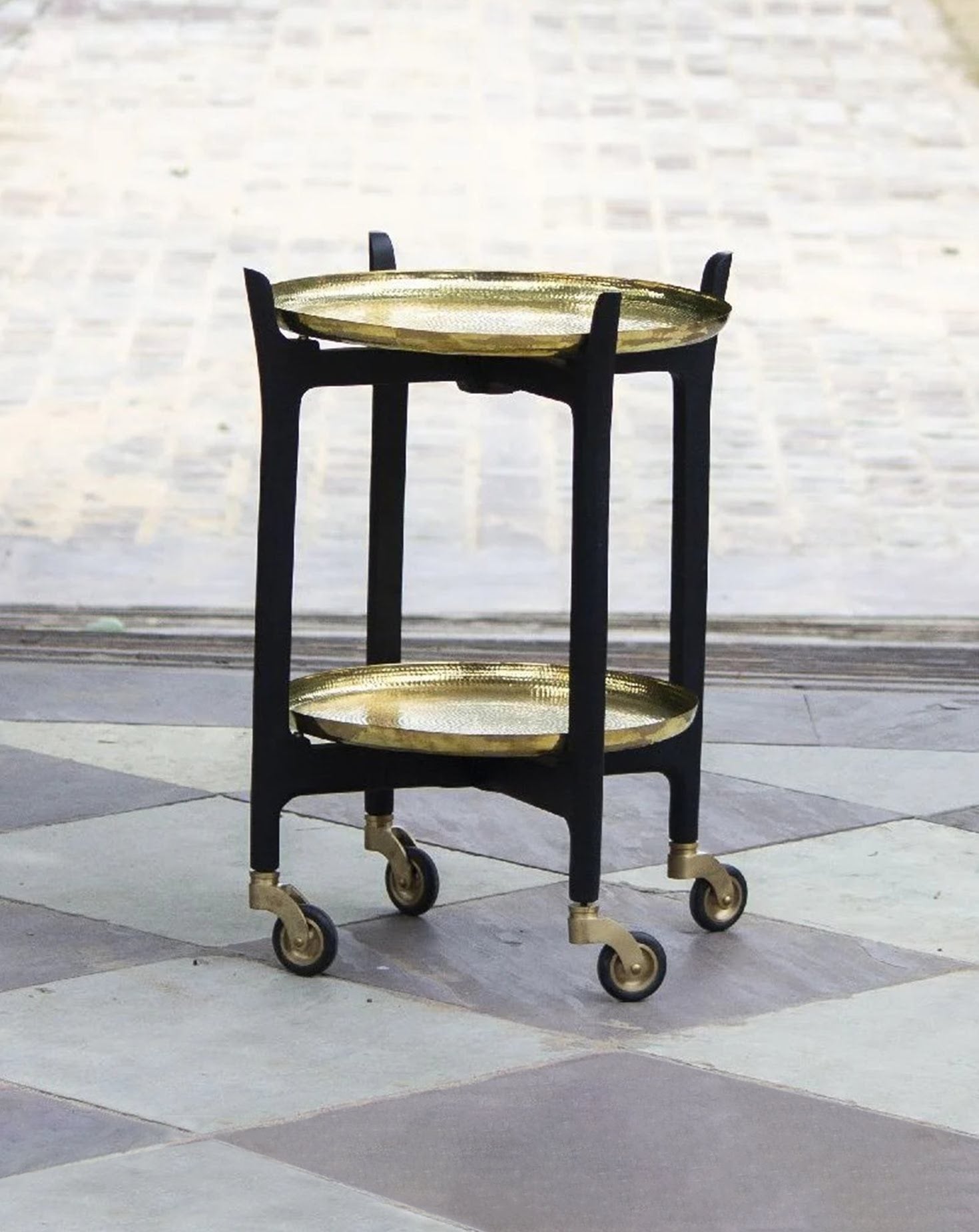 Thaali Brass and Wood Trolley Side Table