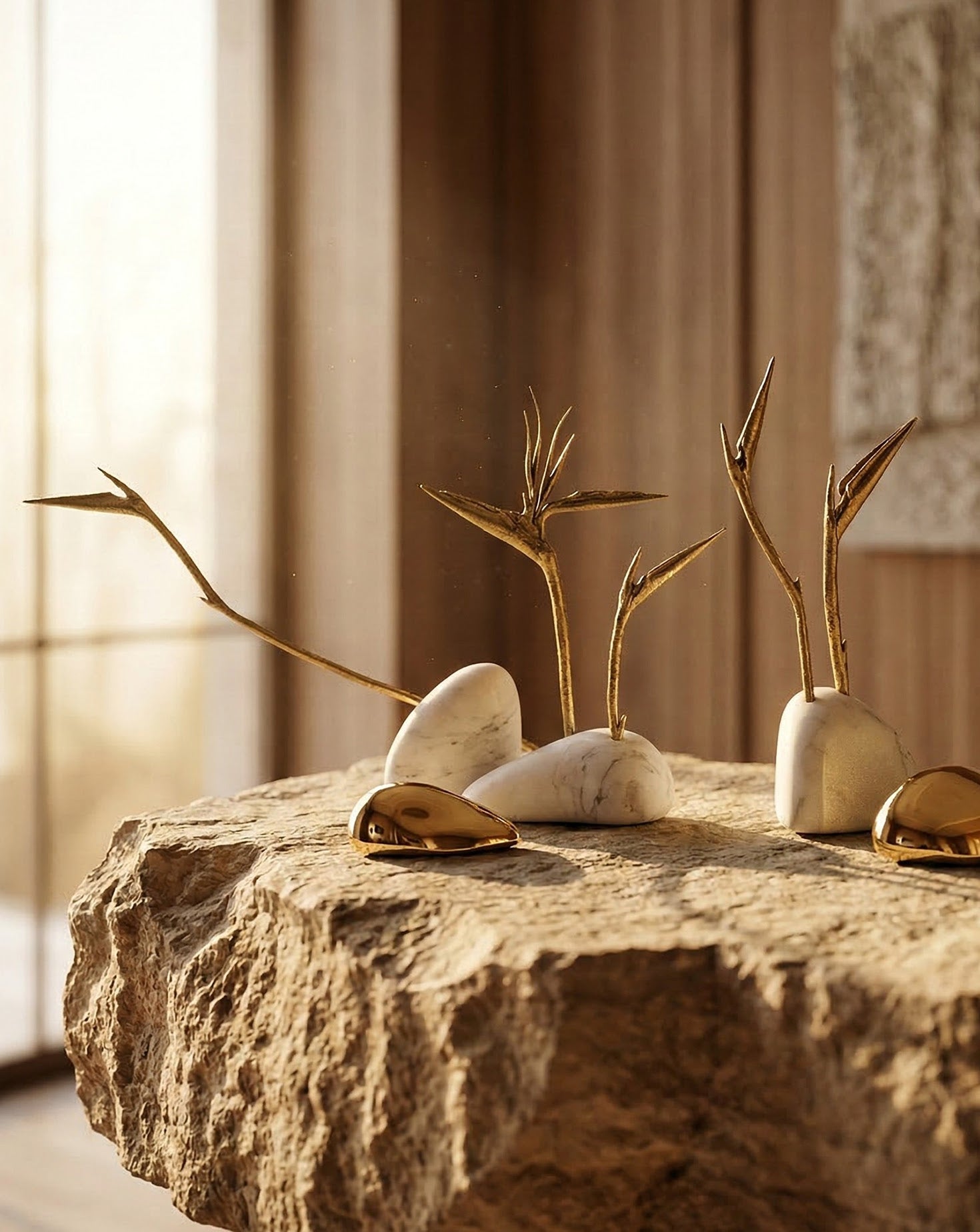 Pétrea II Marble and Brass Sculpture