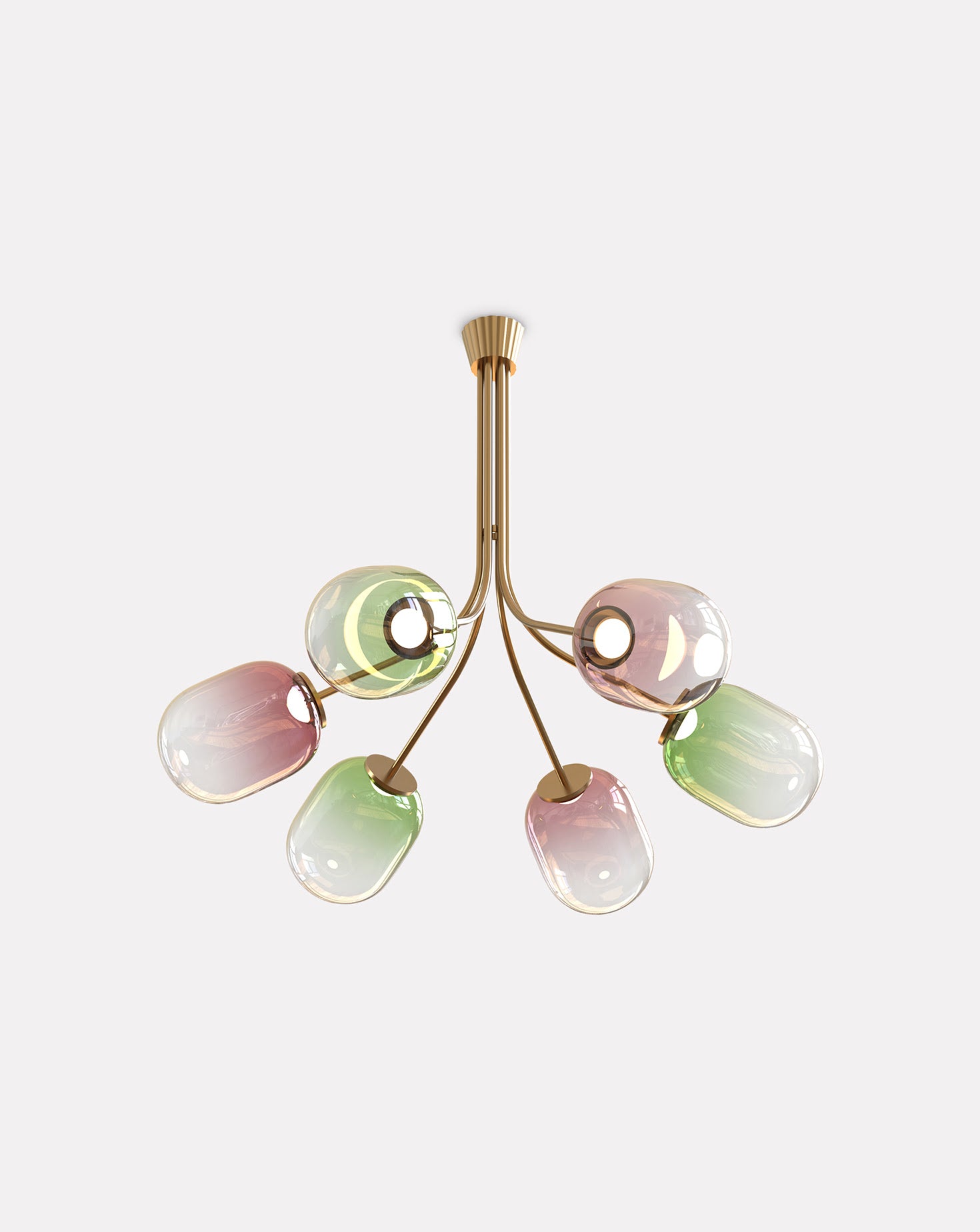 6 Module Bent Ombre Candy Glass and Brass Chandelier