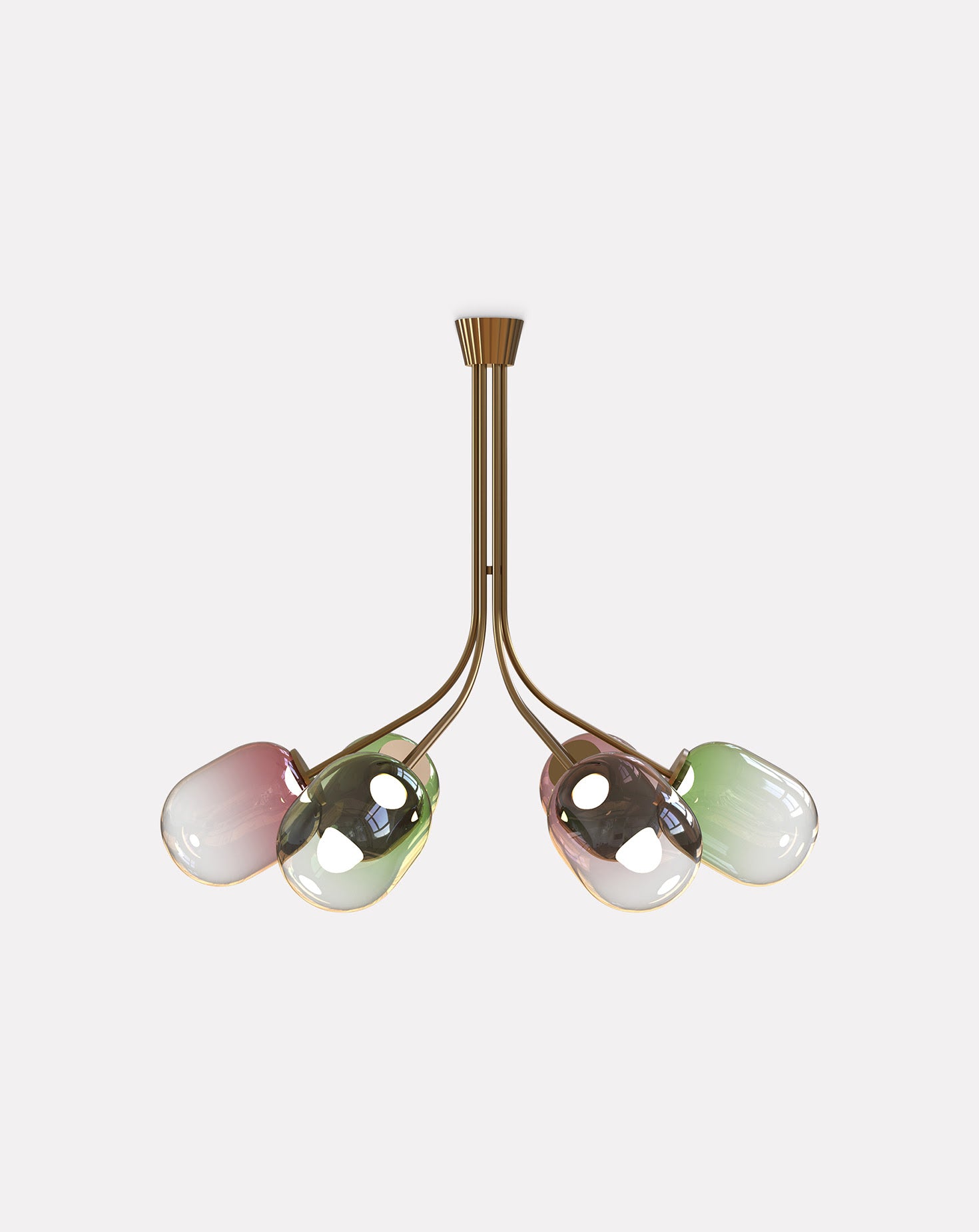 6 Module Bent Ombre Candy Glass and Brass Chandelier