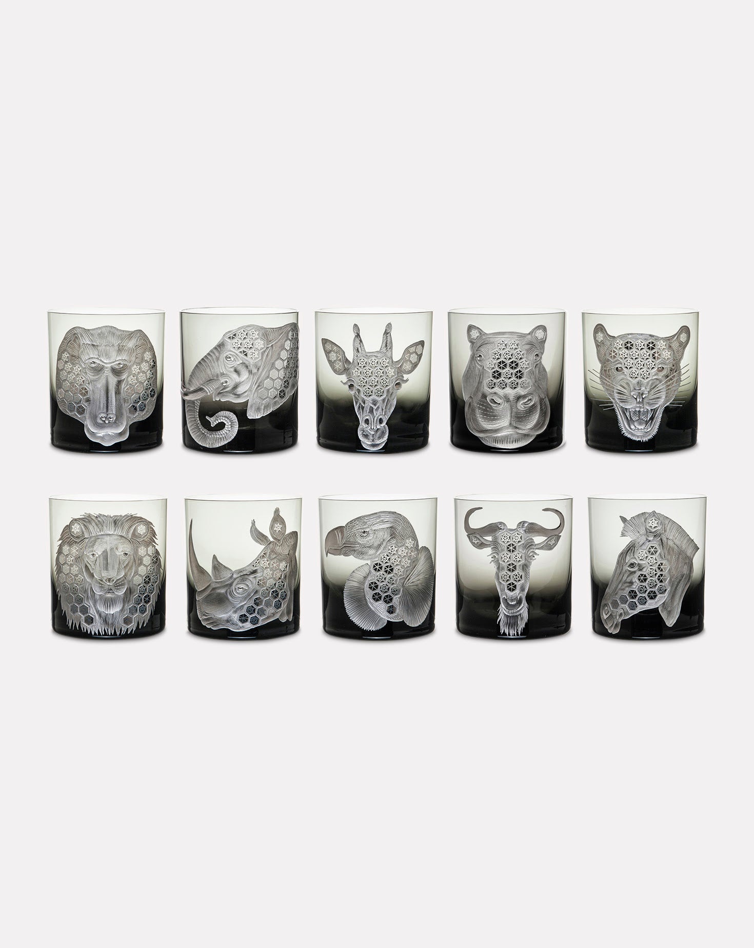 Set of 10 African Safari Smoke Glided Glasses Artel