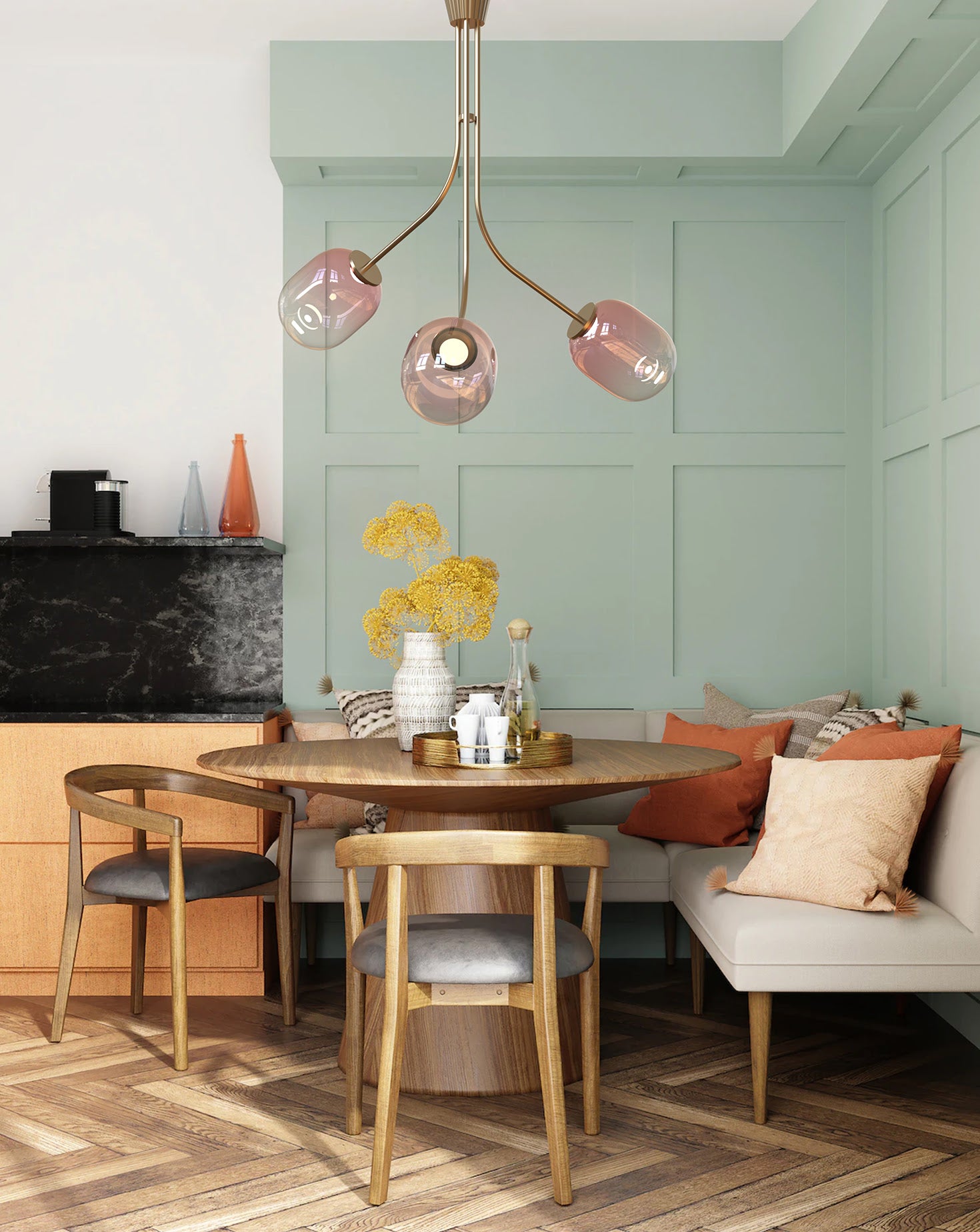 3 Module Bent Ombre Candy Glass and Brass Chandelier