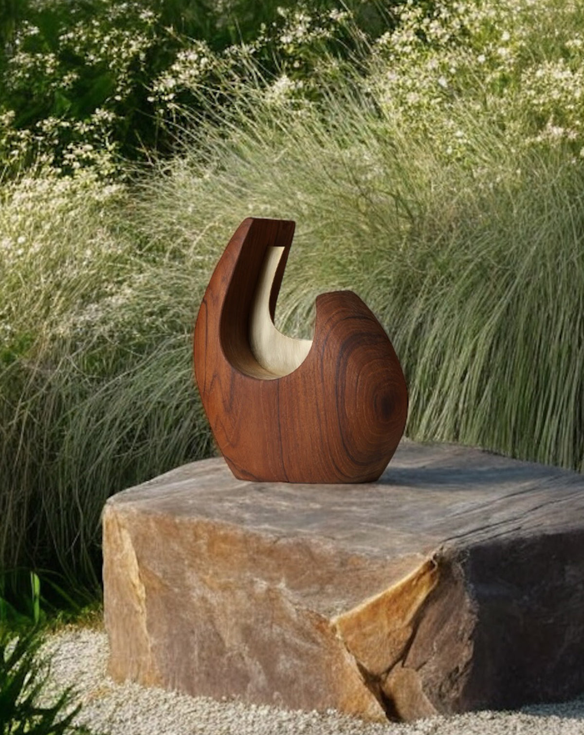 Seasoned teak body with a gentle curve, handcrafted in India as sculptural decor