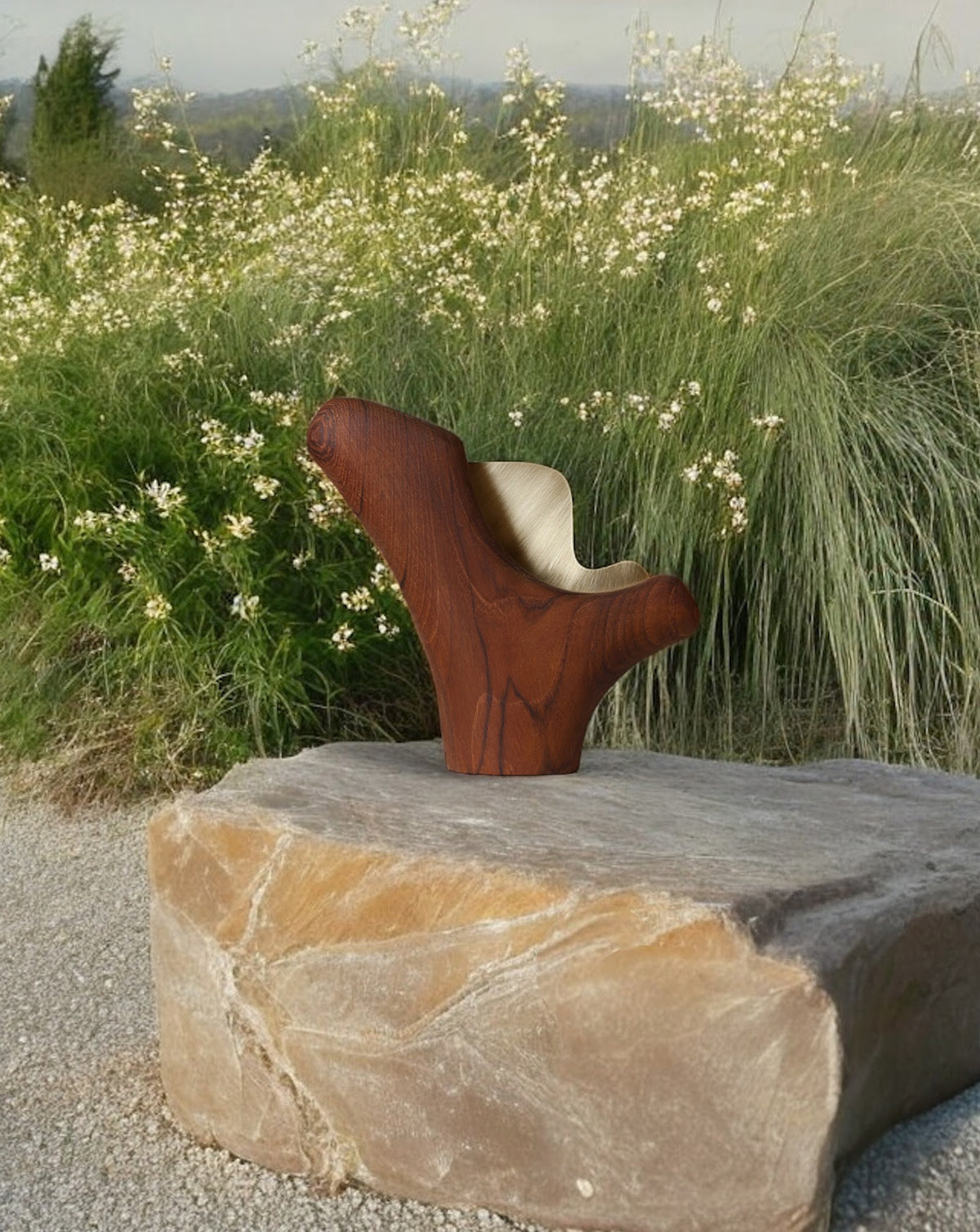 Seasoned teak wood body with brass detailing, showing natural grain variation of handmade materials