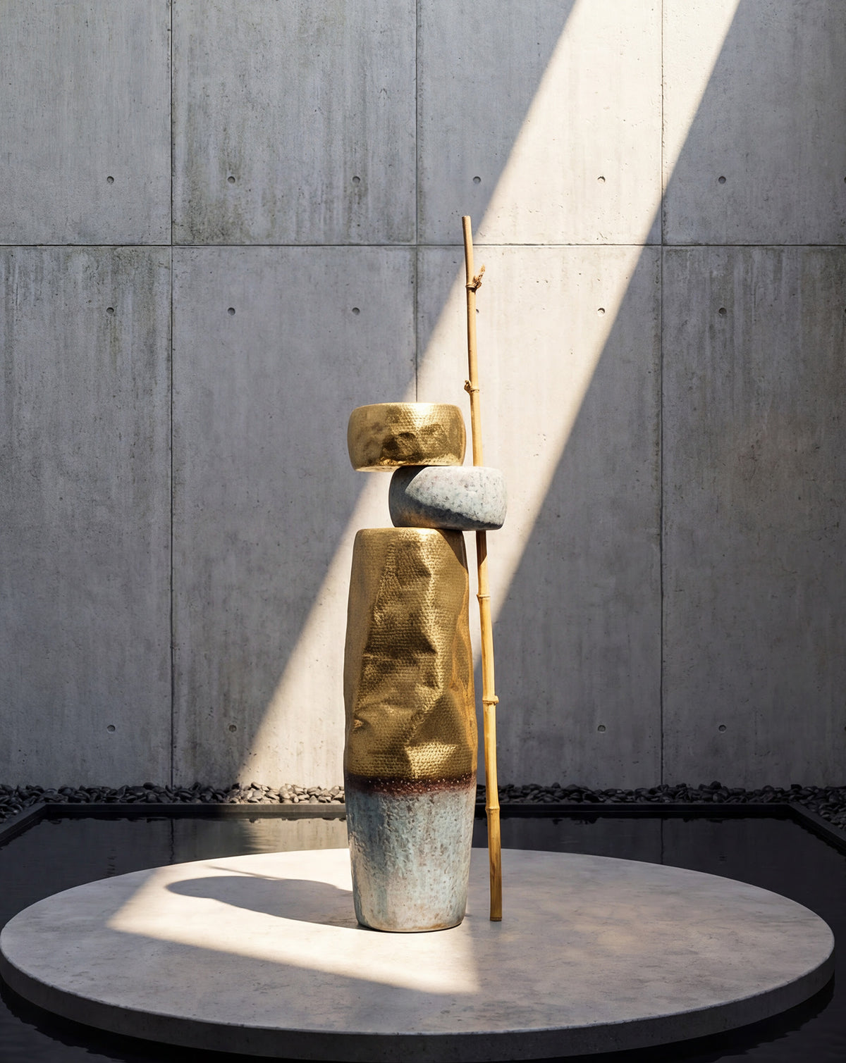 Patinated brass surface in golden and green tones, revealing natural aging as a design feature
