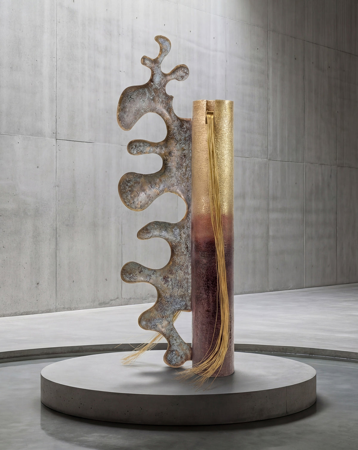 Hammered brass surface with ombre patina in golden, brown and green tones