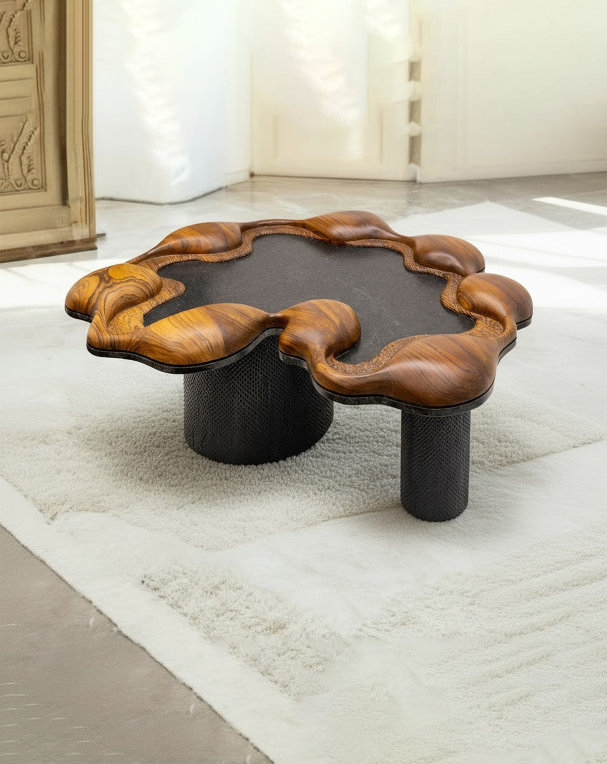 Profile view highlighting the table edge and the meeting of granite and teak