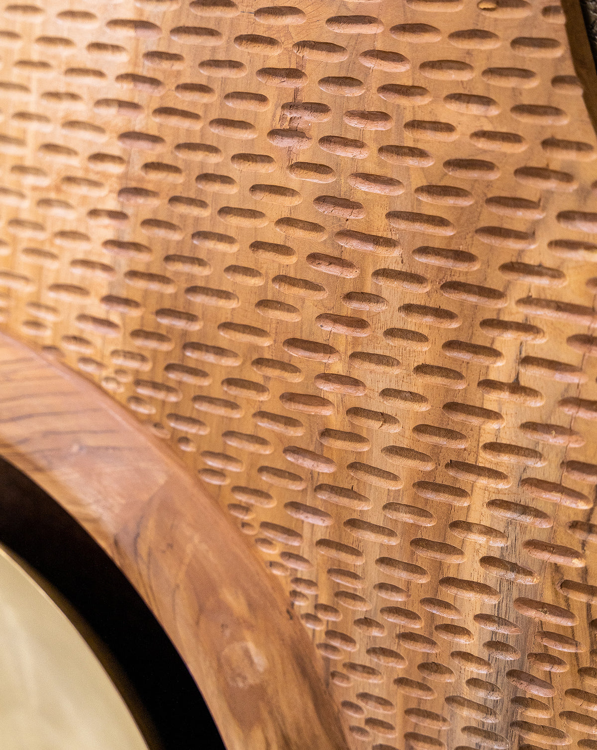 Teak wood edge and grain, natural variation inherent to each handcrafted piece