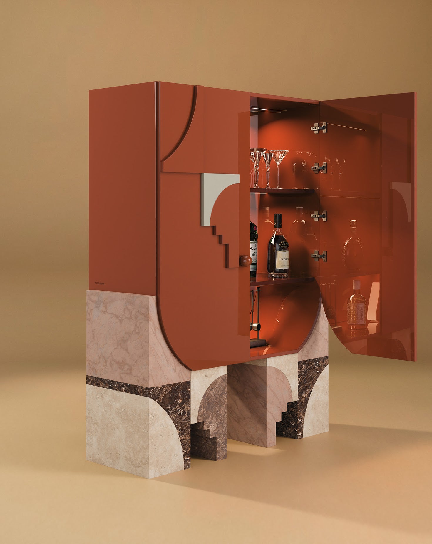 Arkos Bar Lacquered Wood Teracotta Cabinet