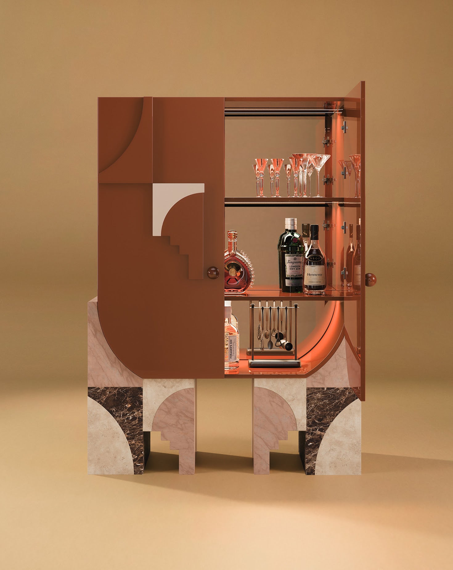 Arkos Bar Lacquered Wood Teracotta Cabinet
