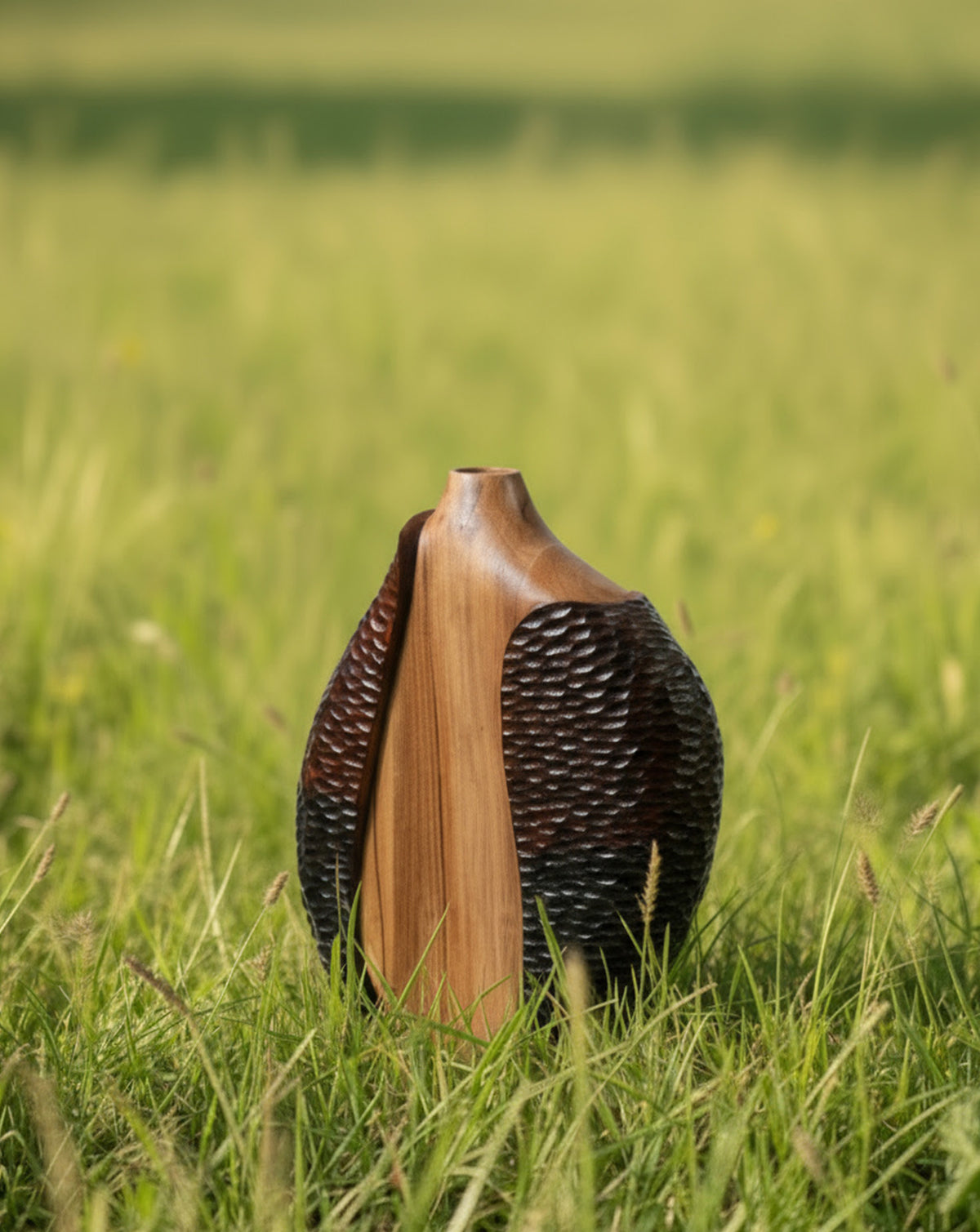 Full-height view of the artisan-carved teak sculpture, a twelve-week studio commission