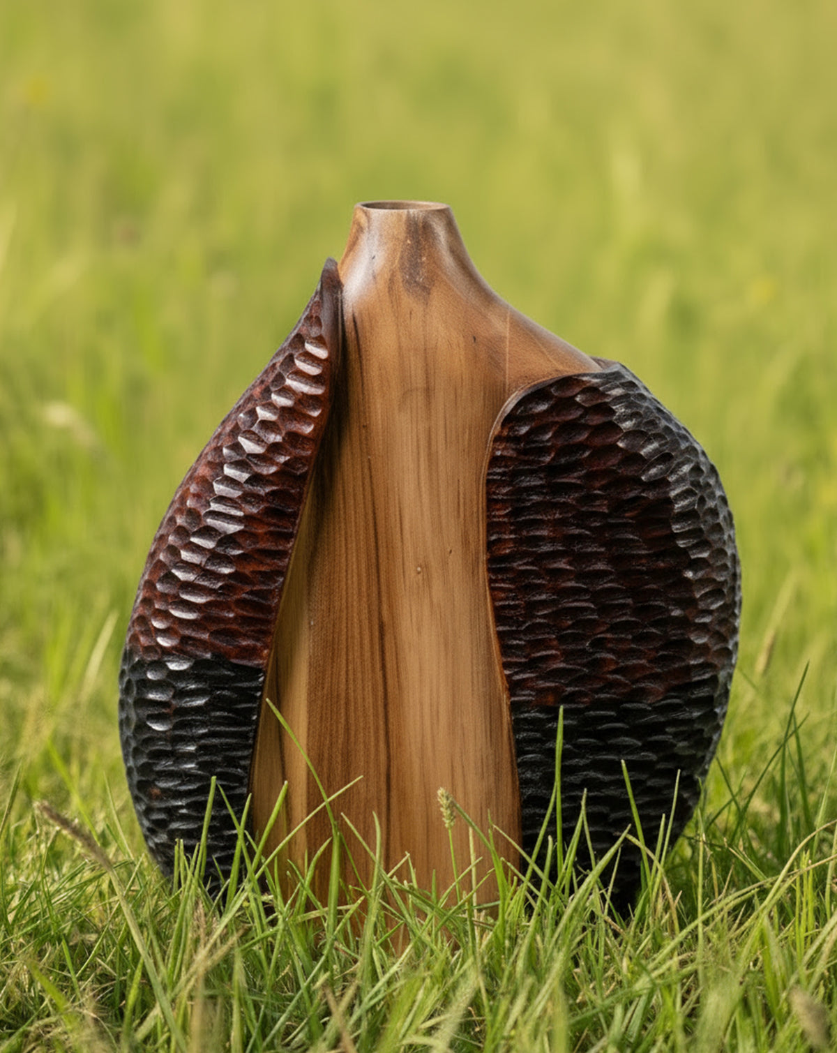 Base of the teak sculpture showing the solid hand-finished timber