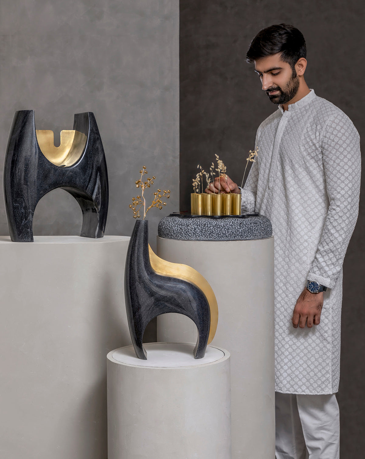 IRA 03 Marble and Brass Sculptural Vase