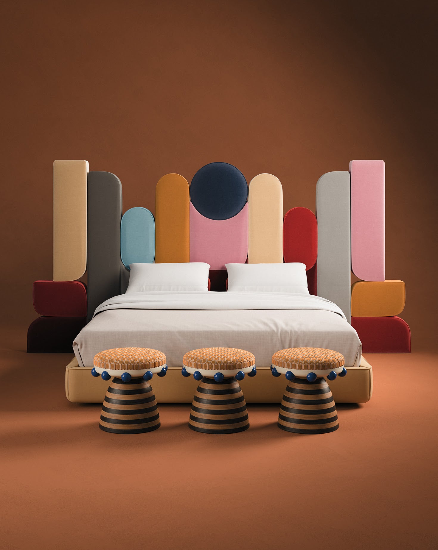 Krom Mea Wood and Velvet Blue Stool